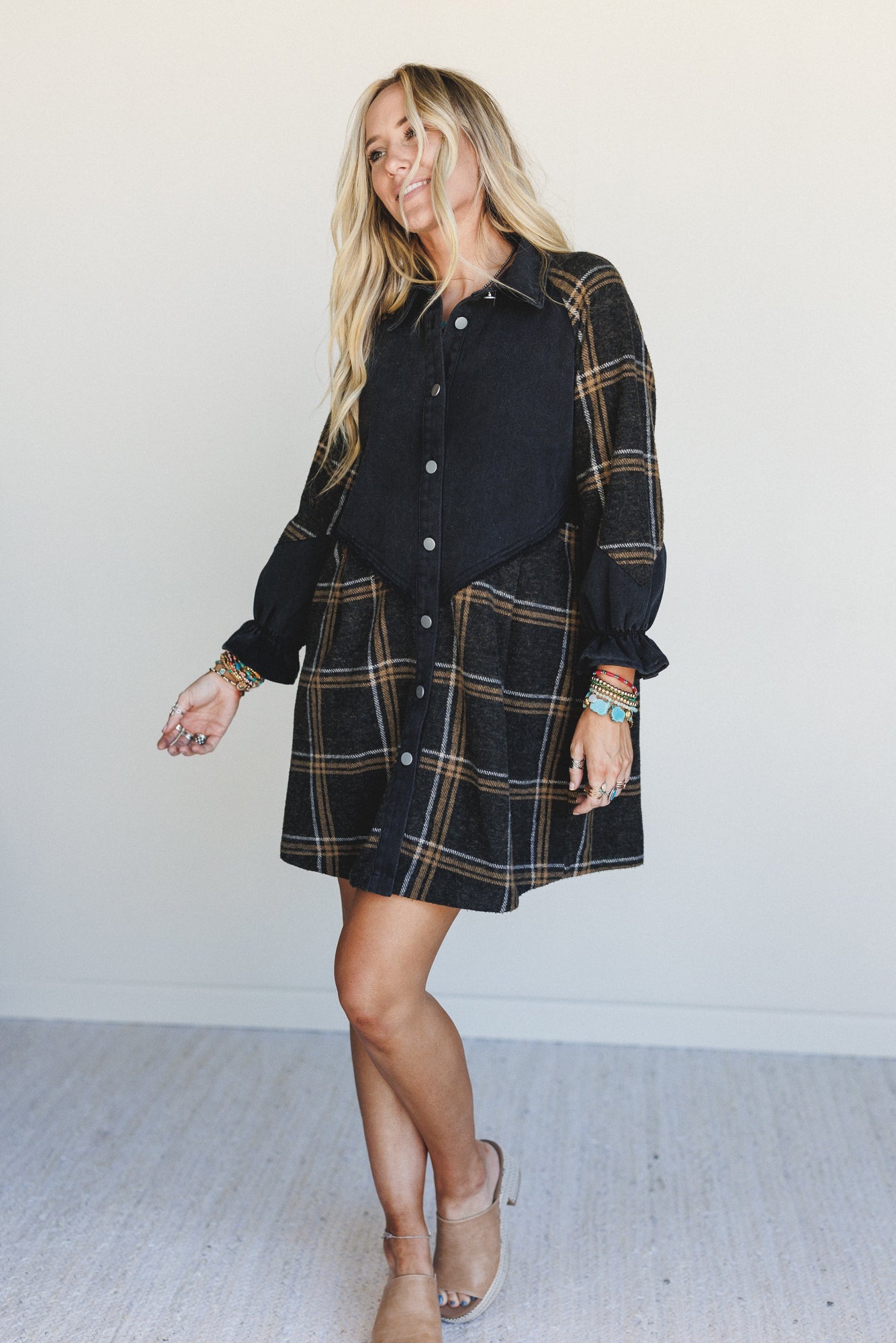 Beau Plaid Button Front Dress - Black