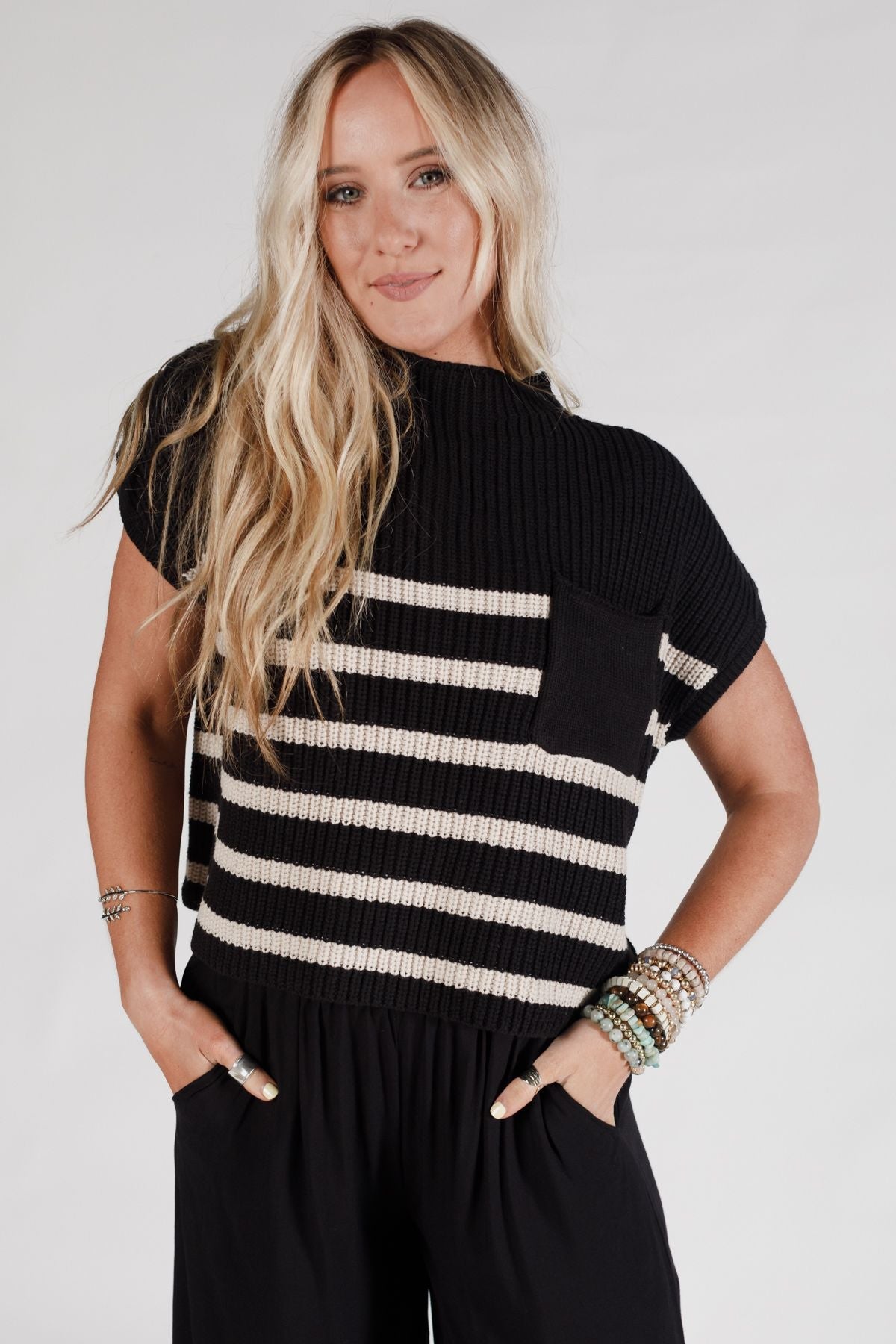 Margot Striped Sweater Top - Black