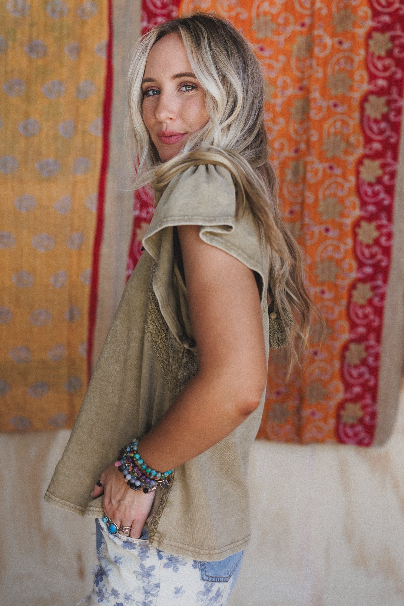 Tulum Tides Crochet Trim Top - Olive