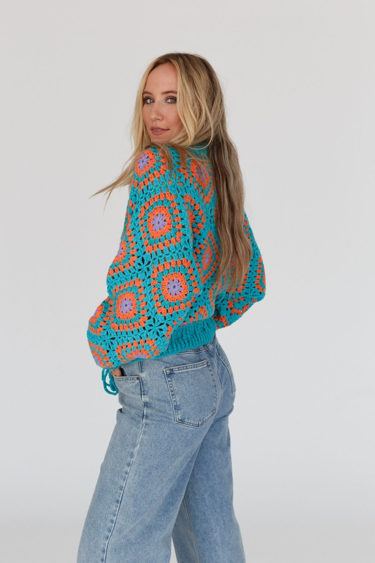 Made For Each Other Crochet Sweater - Teal Multi
