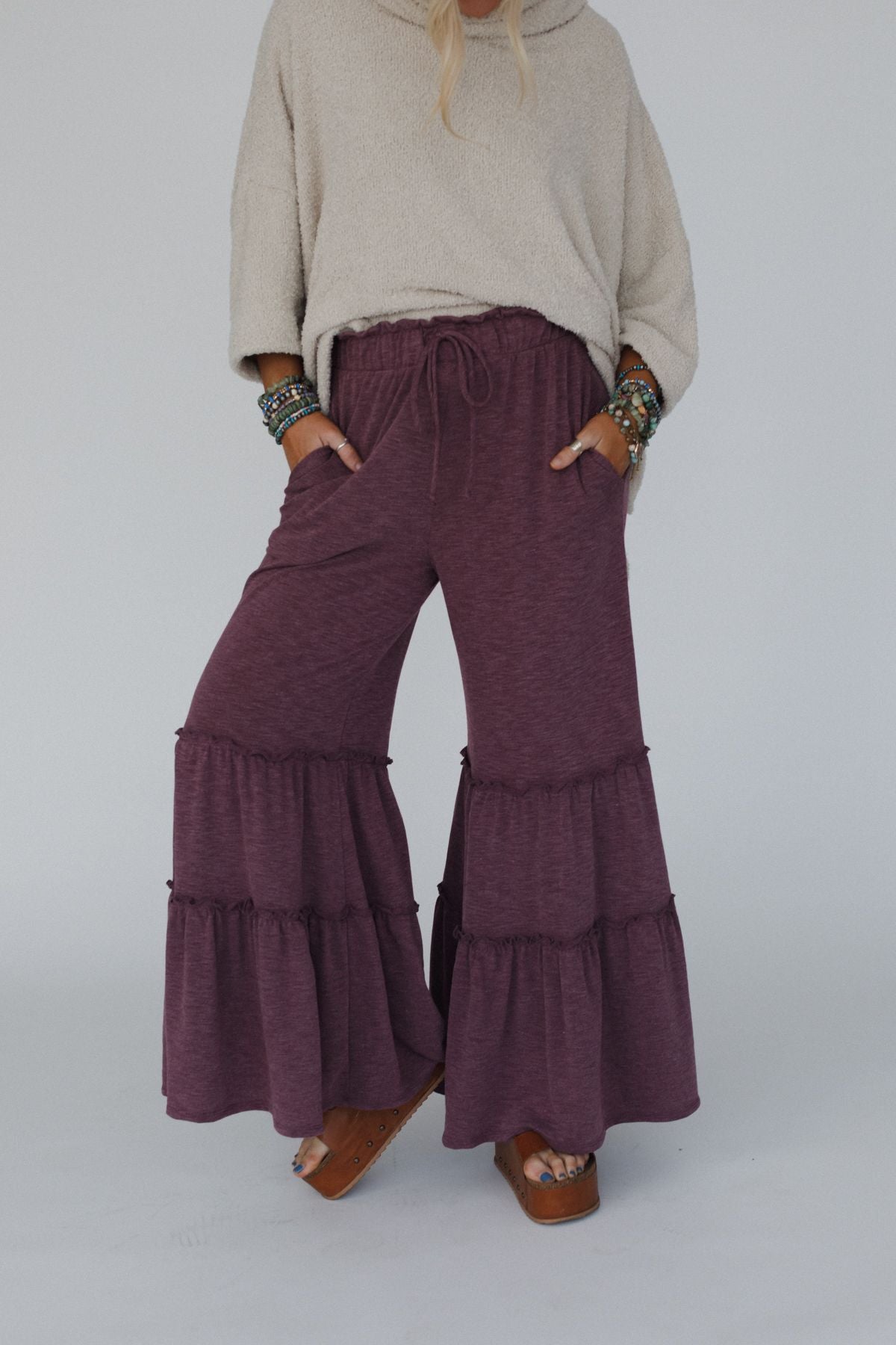 The Nest Milla Ruffled Wide Leg Pants - Burgundy
