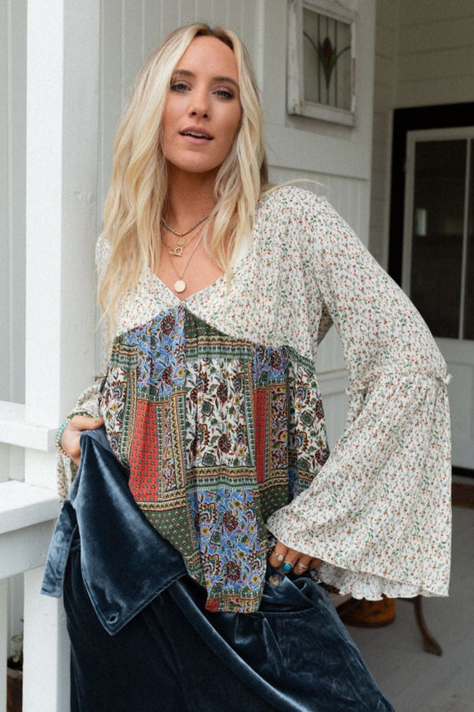 The Nest Brea Mixed Print Top - Green Mixed Print