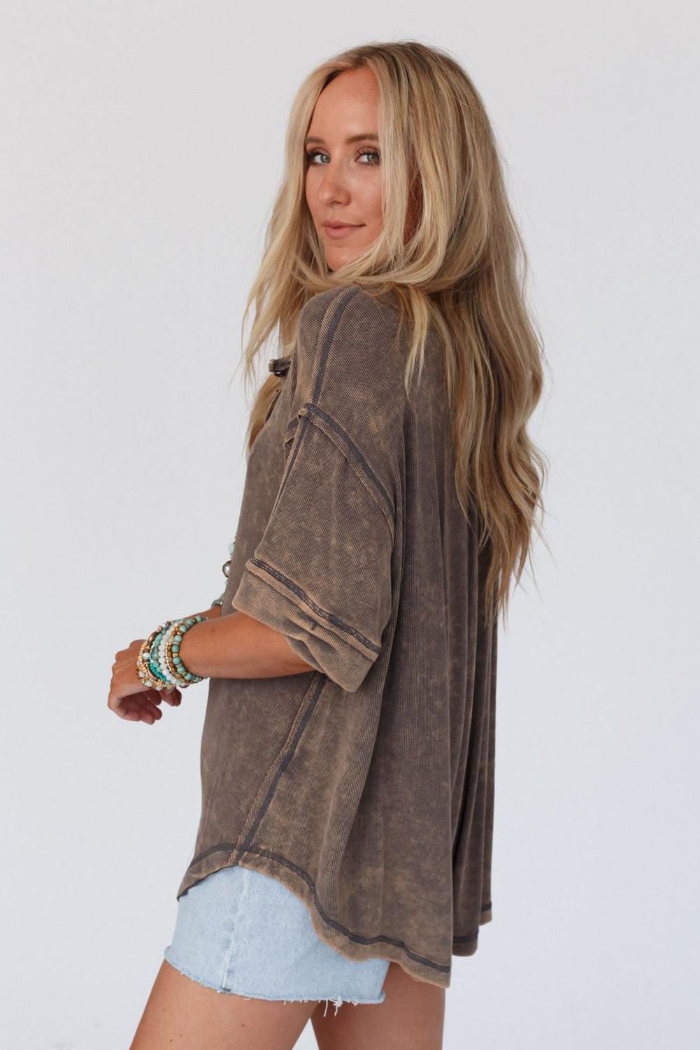 Time Flies Round Hem Top - Gray Brown