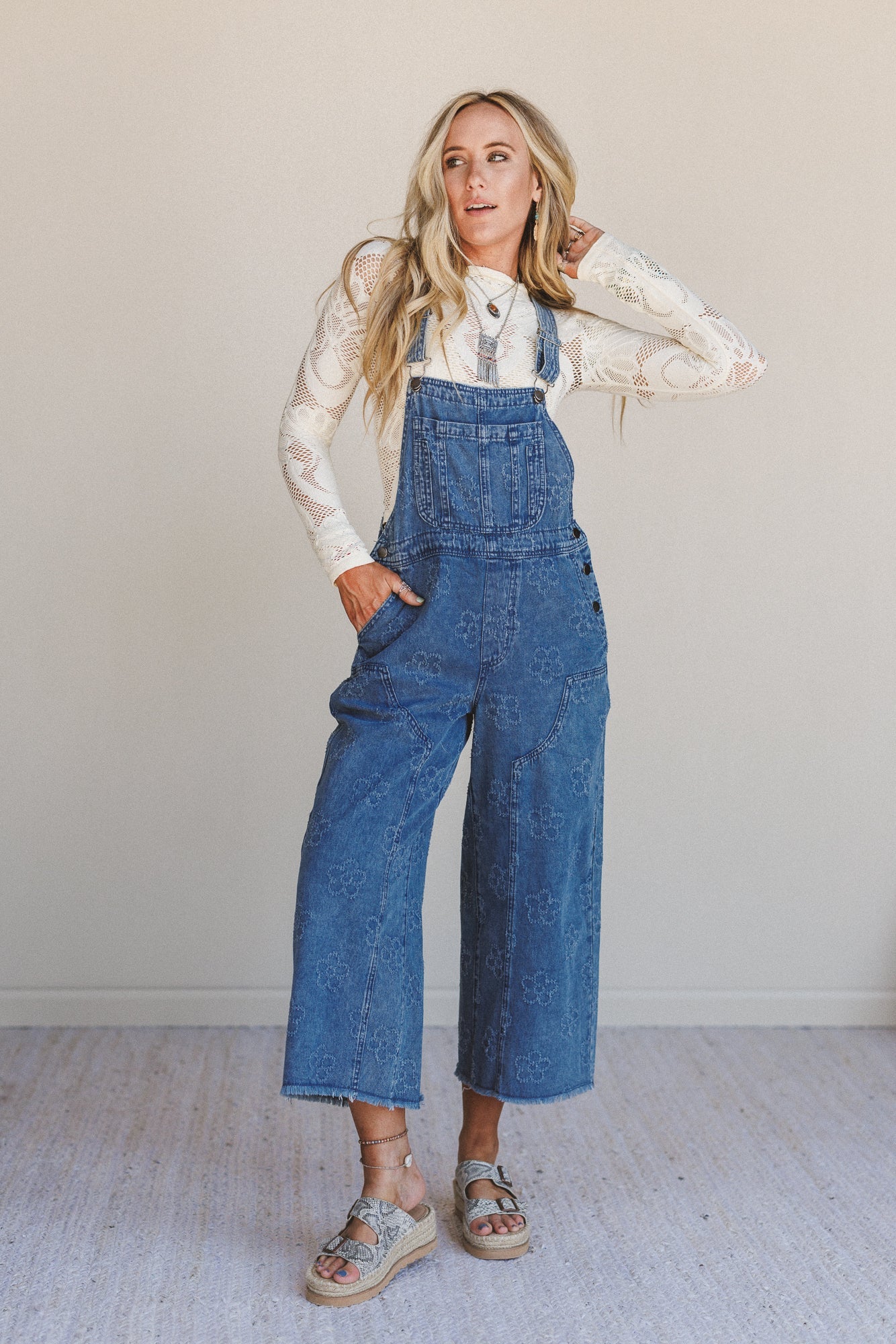 Chasing Horizons Flower Pattern Overalls - Washed Denim