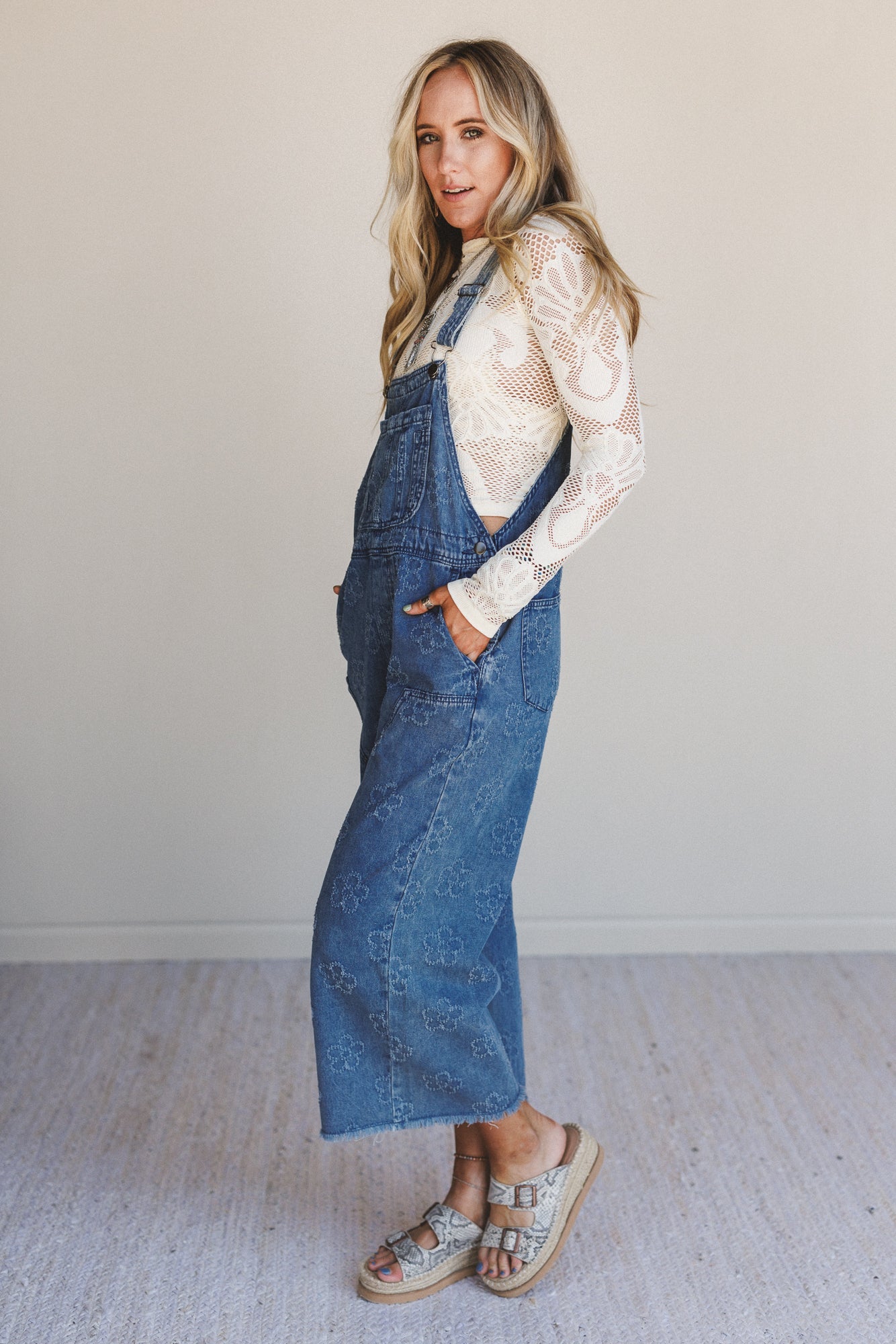 Chasing Horizons Flower Pattern Overalls - Washed Denim