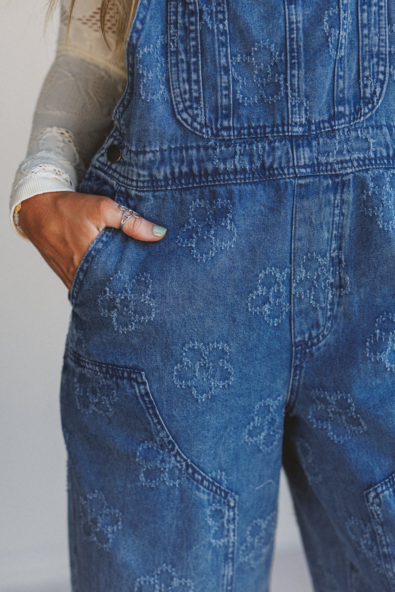 Chasing Horizons Flower Pattern Overalls - Washed Denim