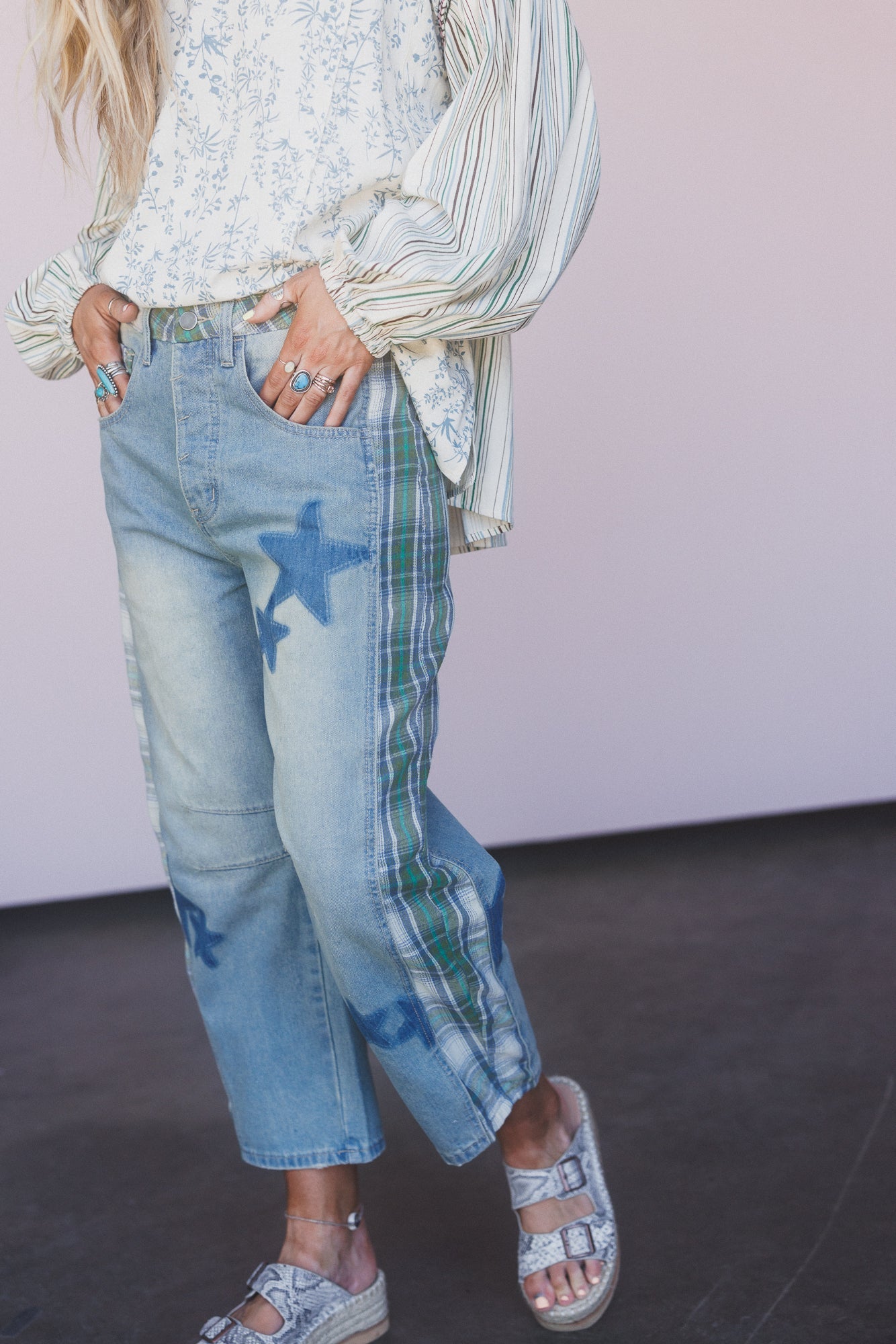 Galaxy Plaid Mix Barrel Jeans - Washed Denim