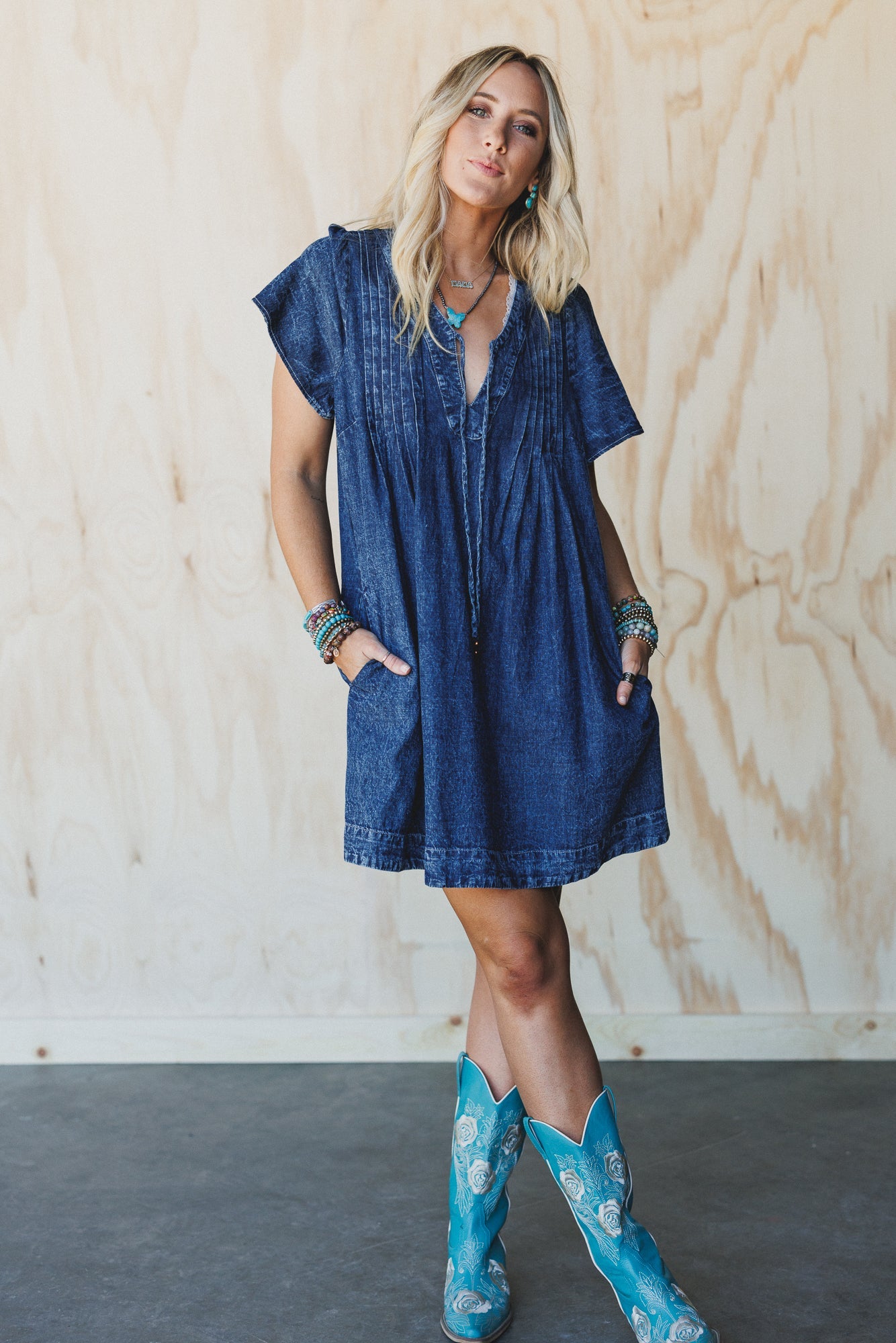 Getaway Pleated Denim Dress - Washed Denim
