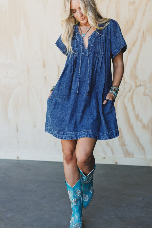 Getaway Pleated Denim Dress - Washed Denim