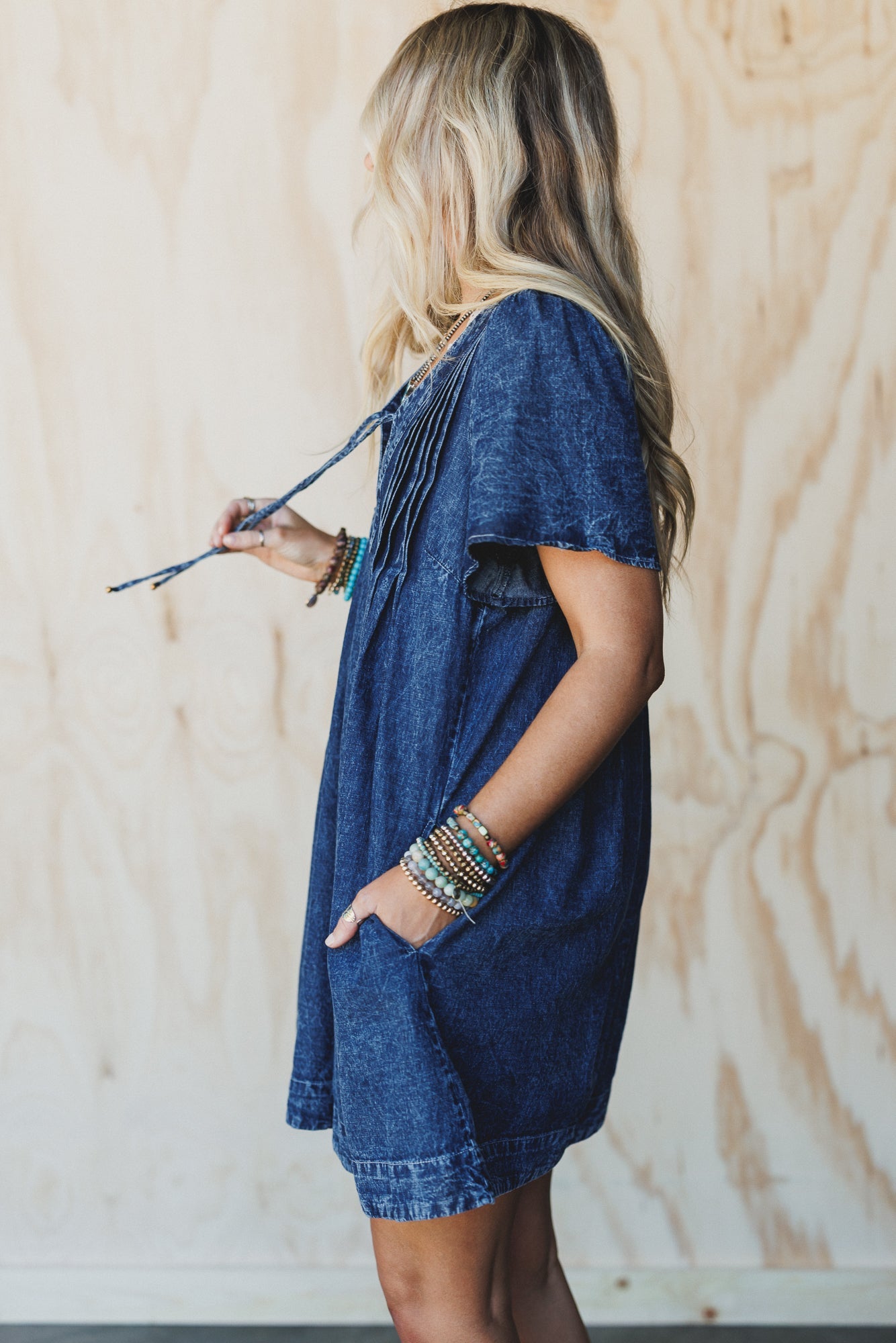 Getaway Pleated Denim Dress - Washed Denim