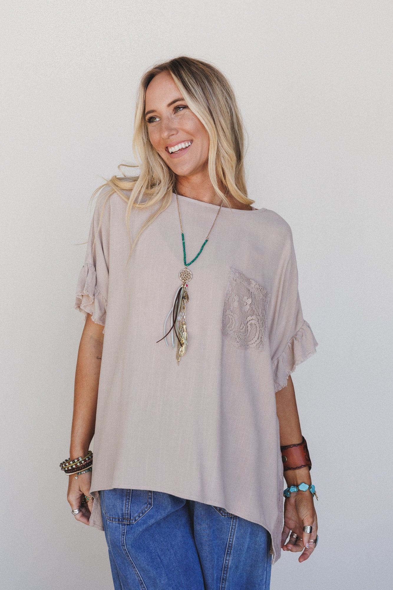 Zhara Lace Back Top - Khaki