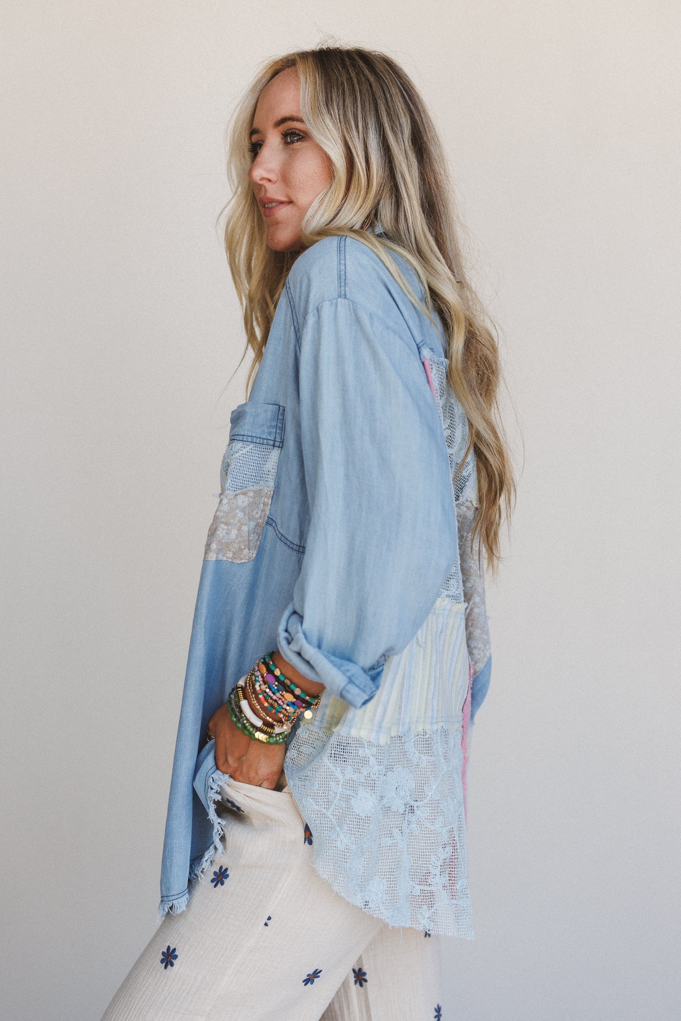 Dusty Bloom Button Up Top - Denim