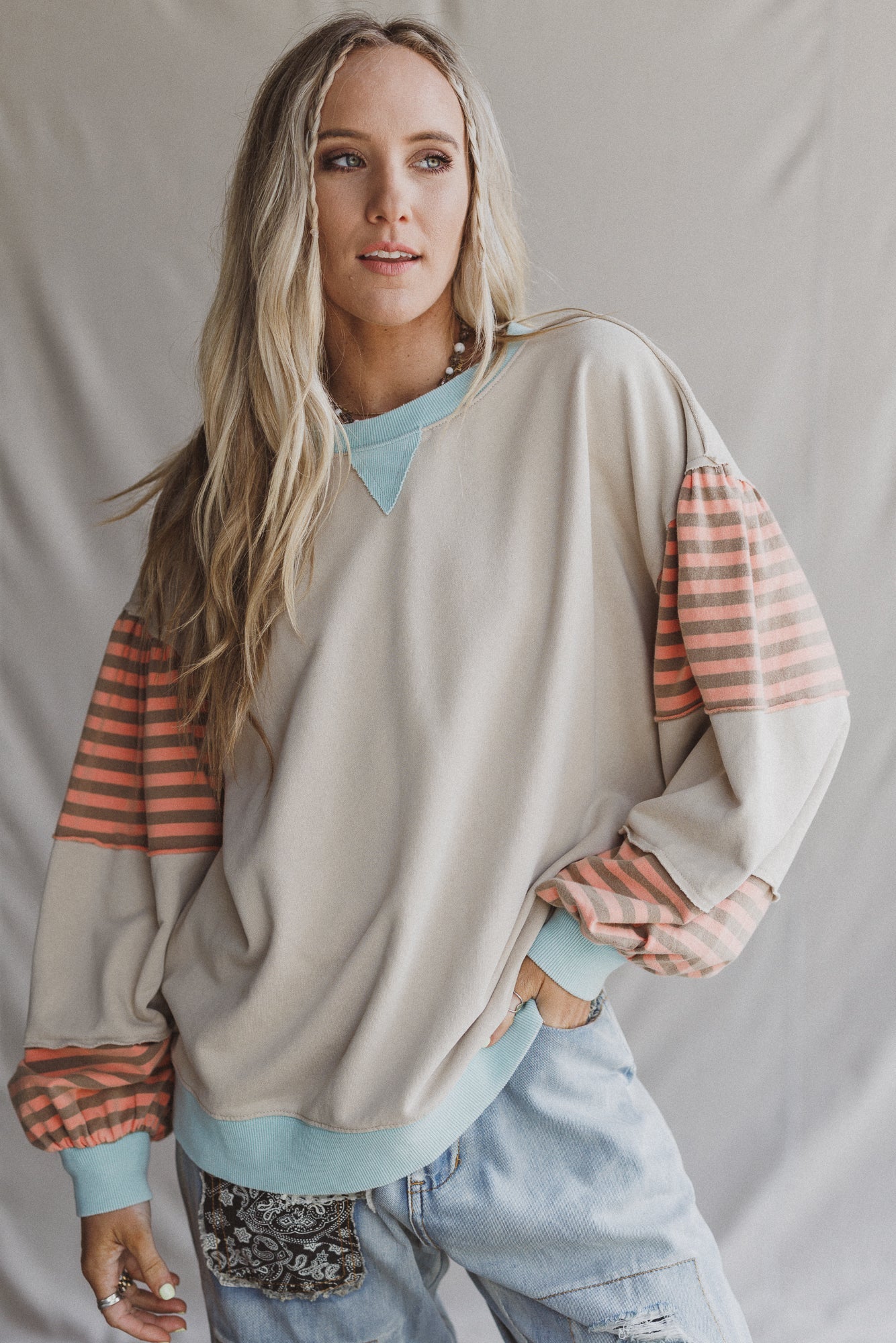 Awaken Joy Stripe Pattern Pullover - Khaki