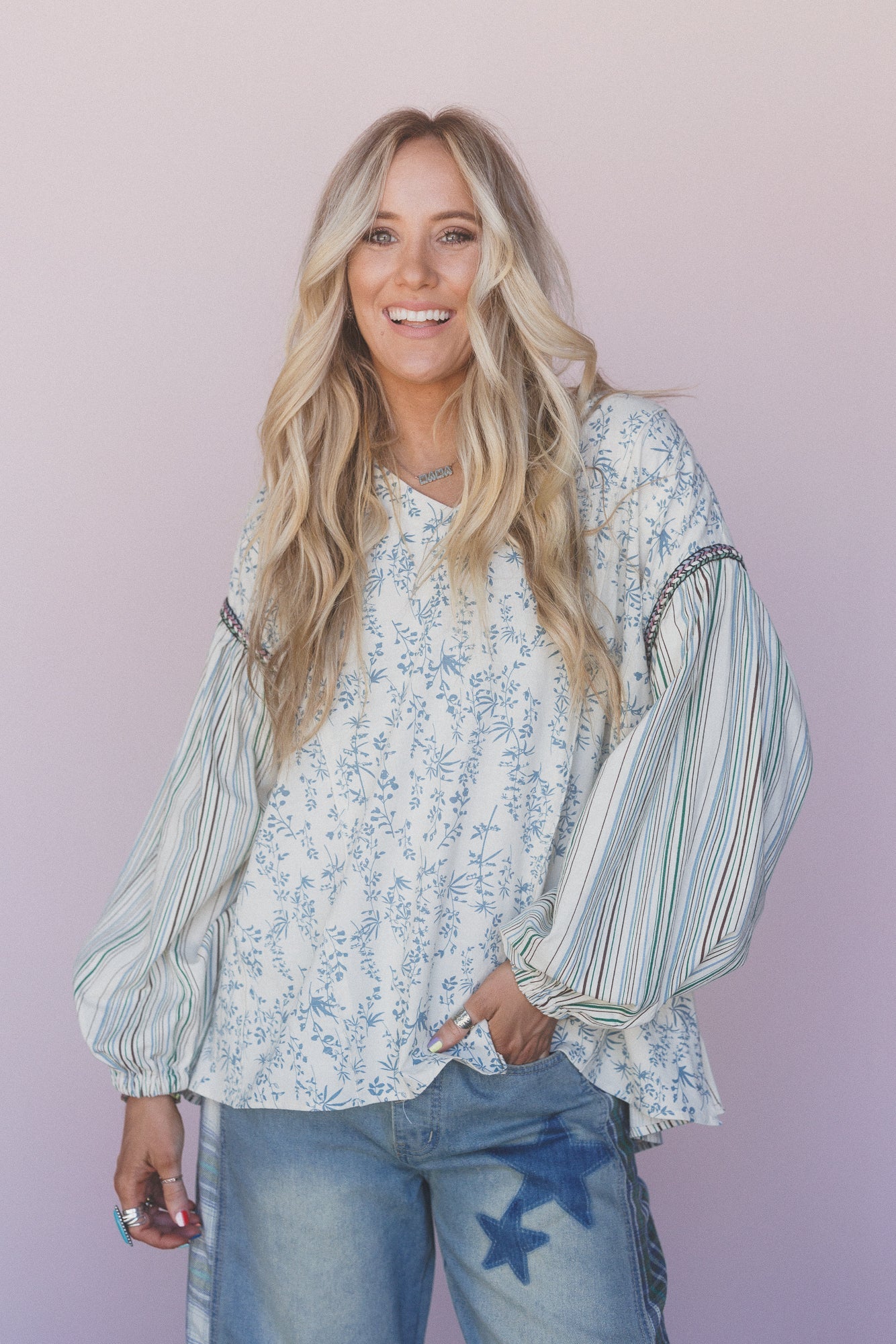 Prairie Lines Mix Print Top - Blue