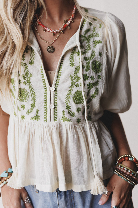 Louella Embroidered Peplum Top - Olive