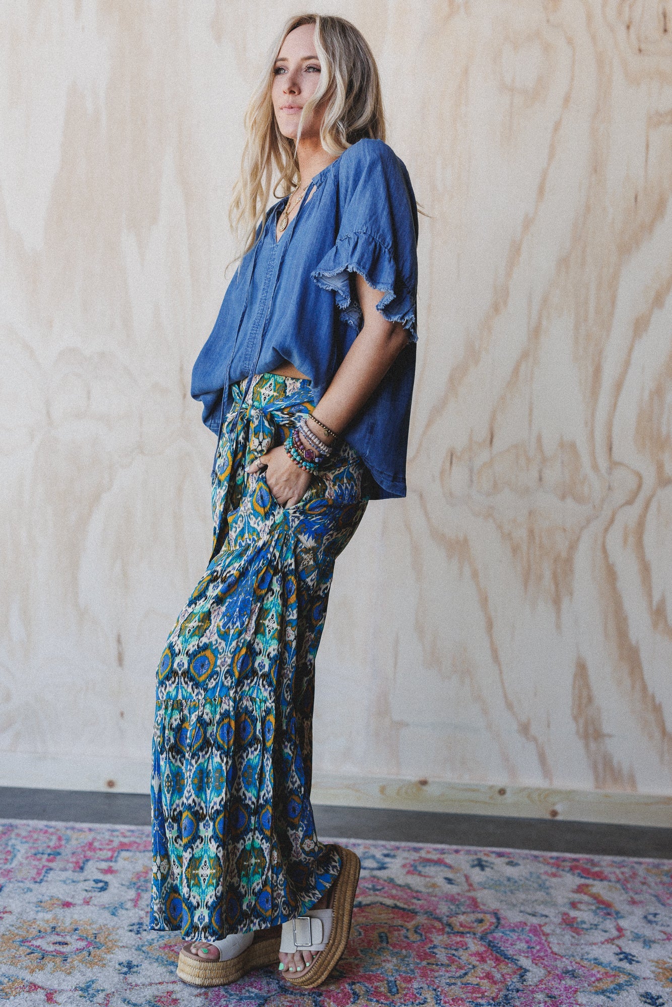 Hearts Aligned Ruffled Sleeve Top - Dark Denim