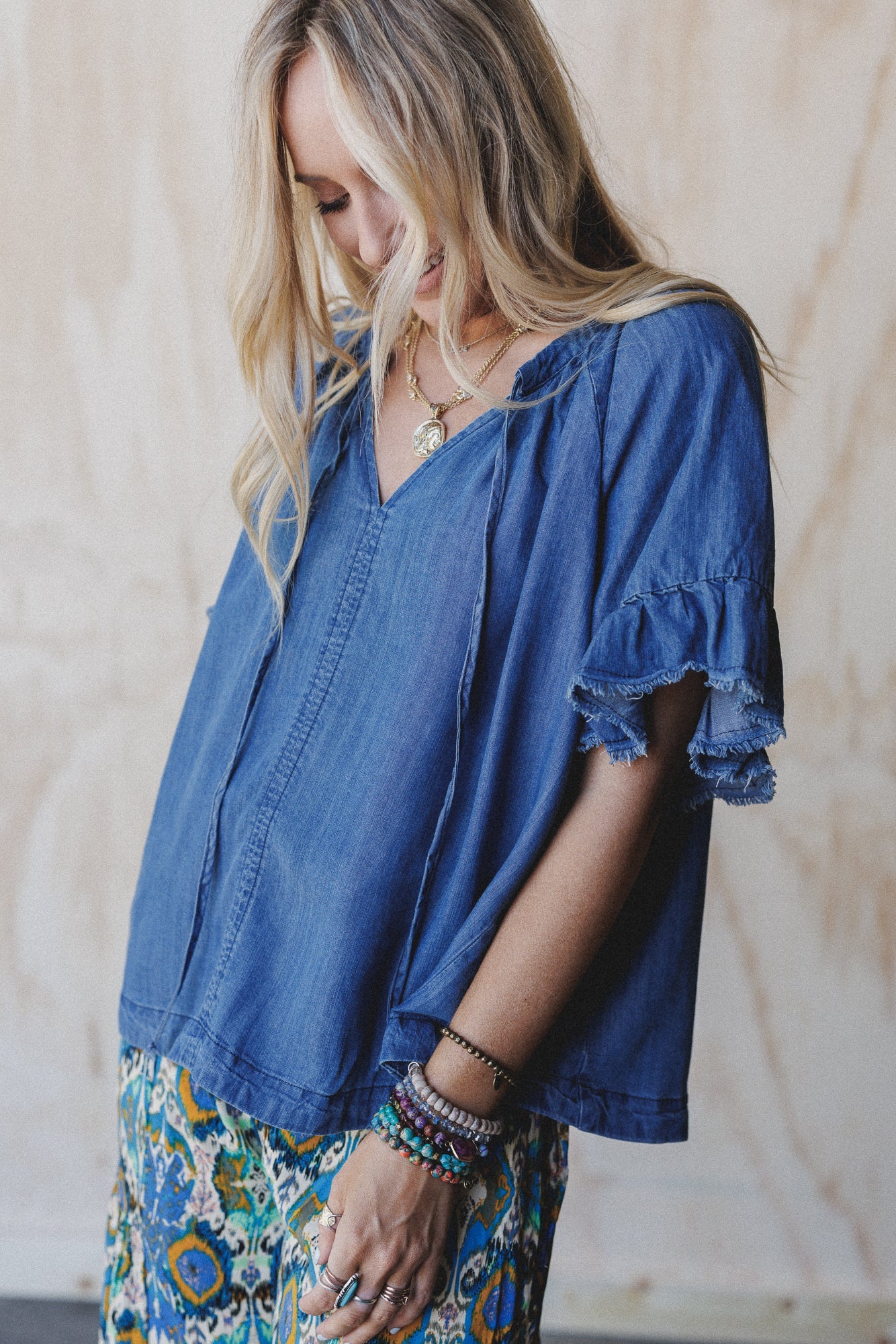 Hearts Aligned Ruffled Sleeve Top - Dark Denim