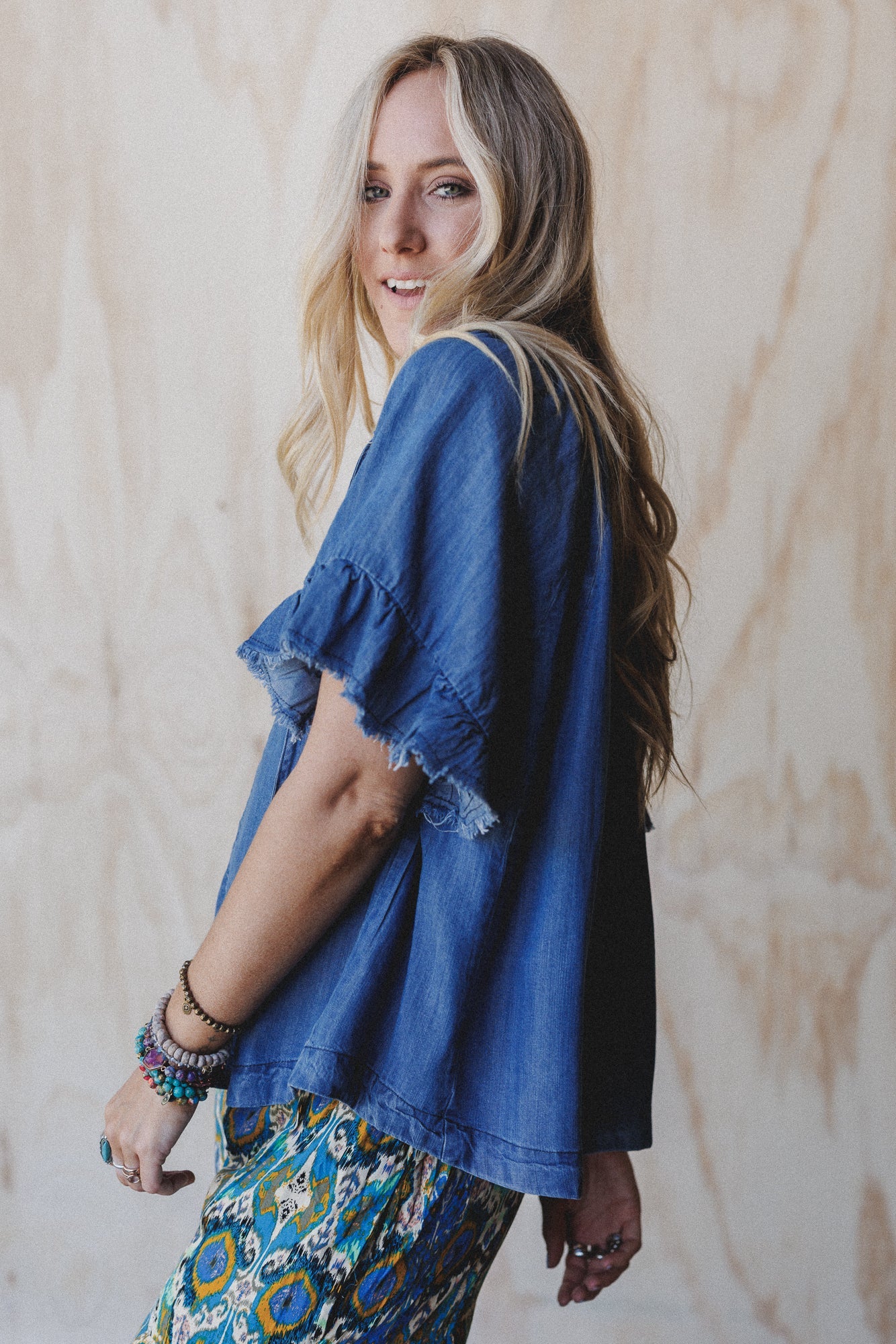 Hearts Aligned Ruffled Sleeve Top - Dark Denim