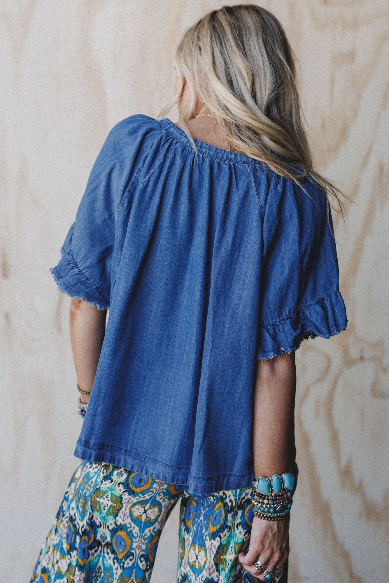 Hearts Aligned Ruffled Sleeve Top - Dark Denim
