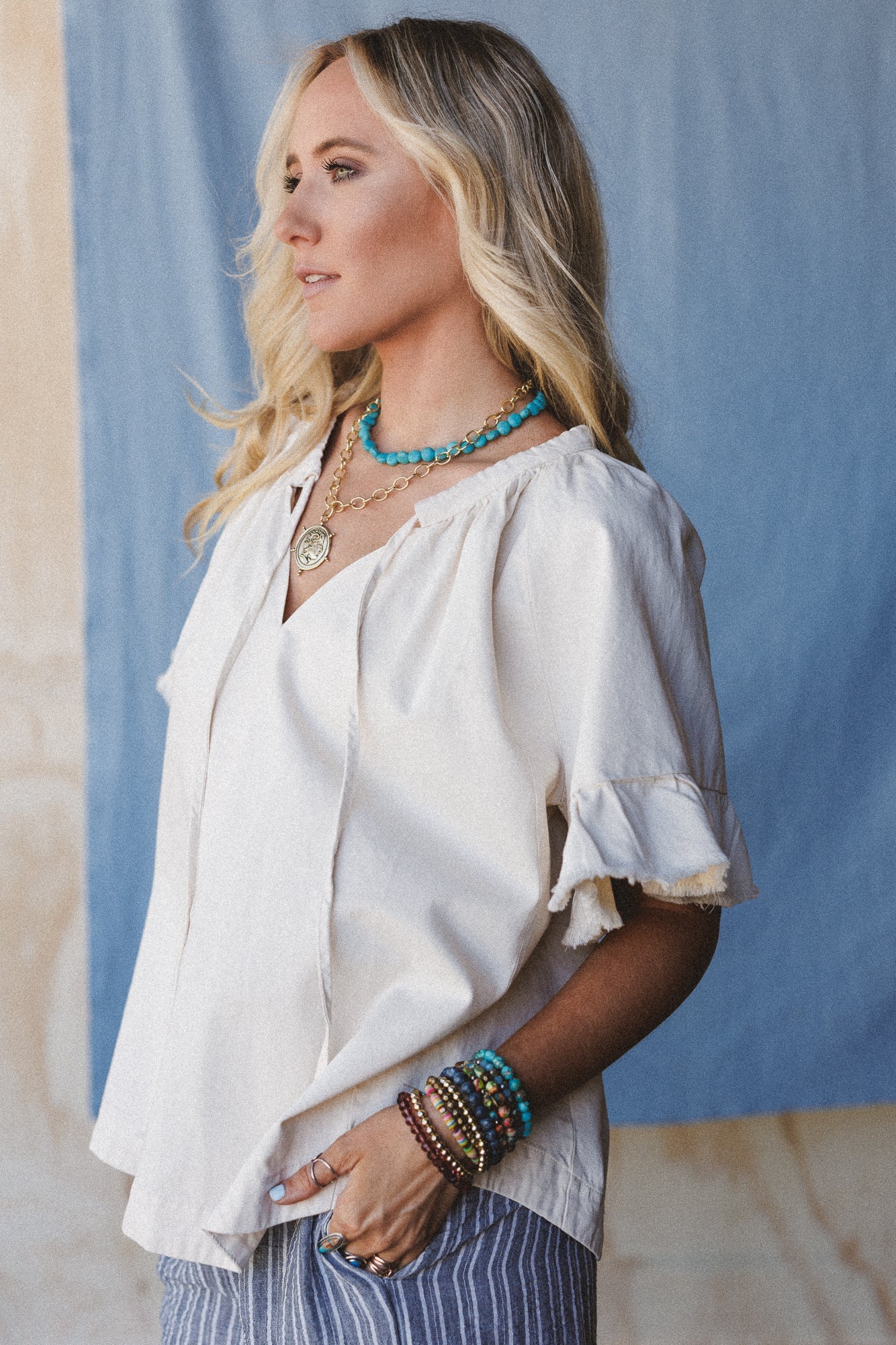 Hearts Aligned Ruffled Sleeve Top - Natural