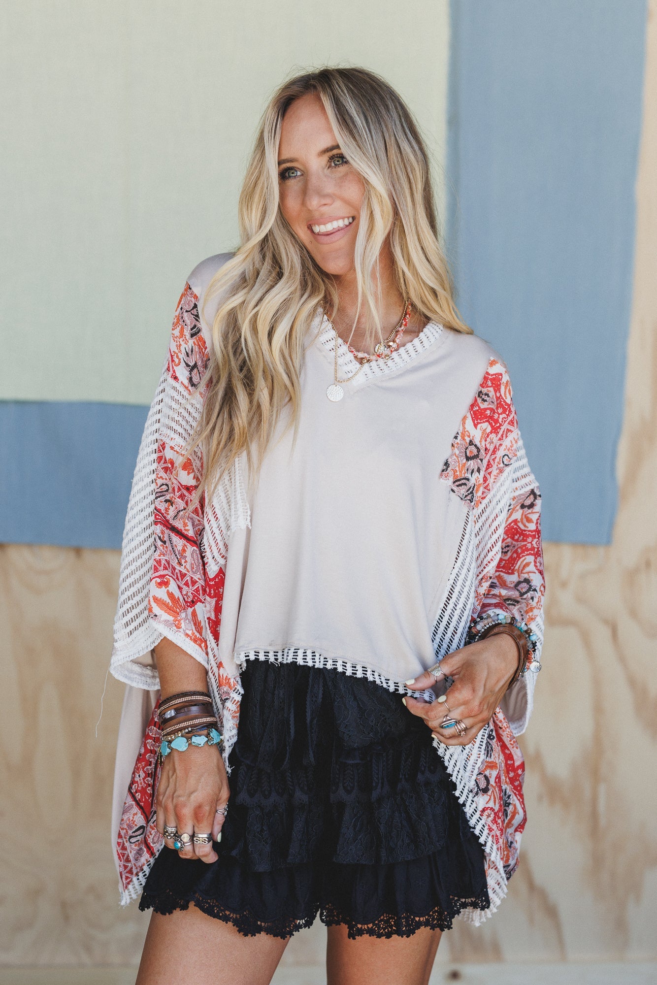 Floral Coast V Neck Top - Oatmeal