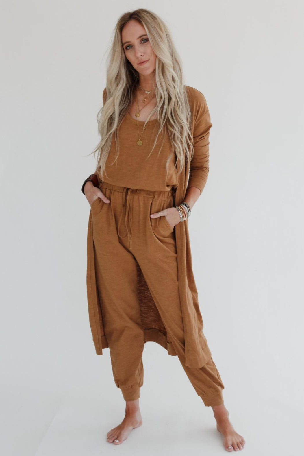 Set to Go Textured Jumpsuit And Cardigan Set - Camel