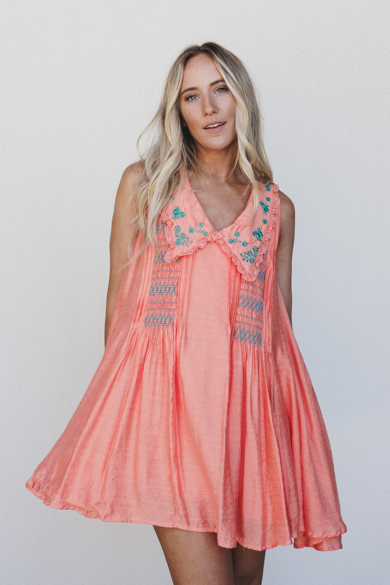 Lyona Embroidered Dress - Coral