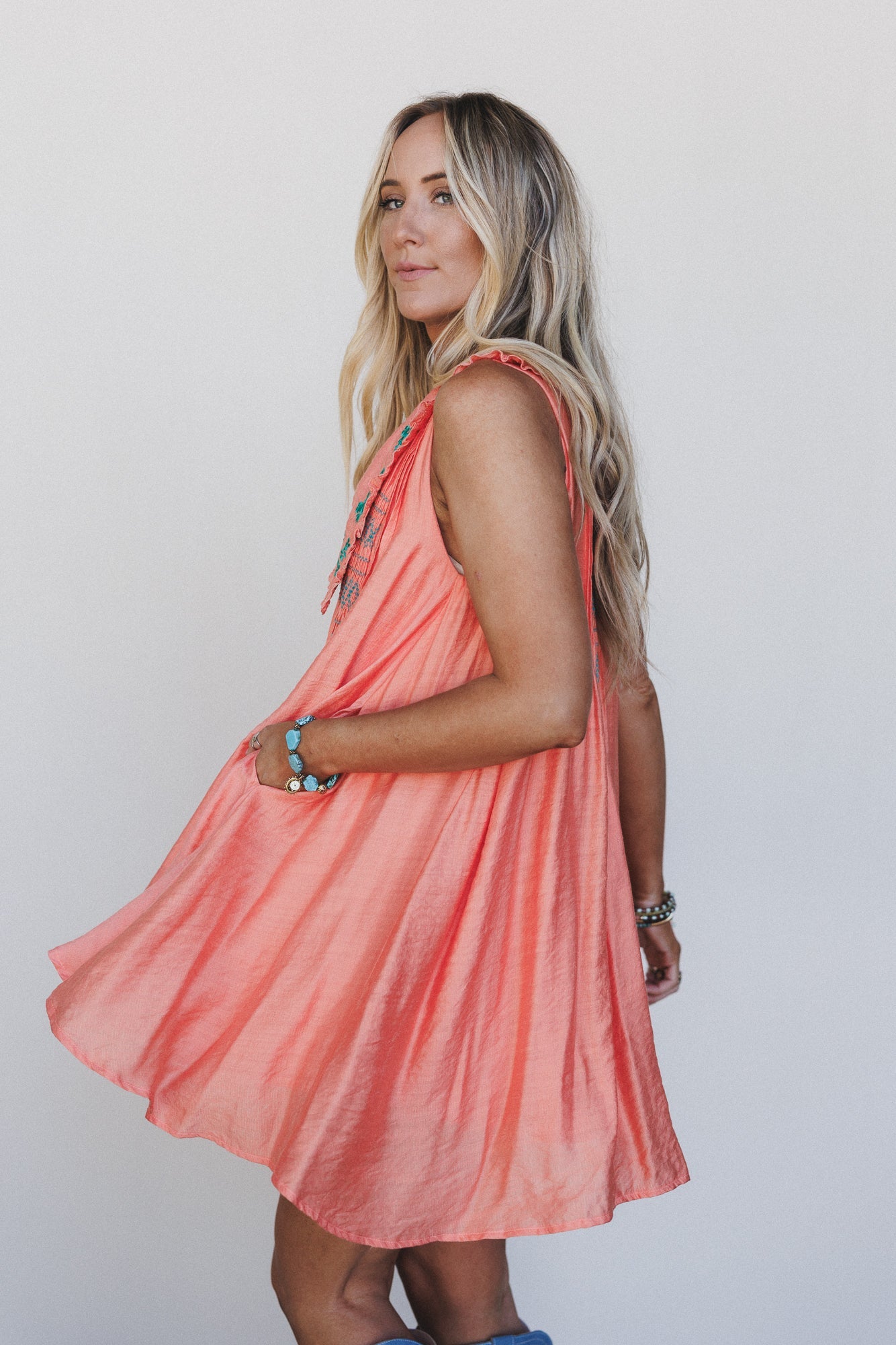 Lyona Embroidered Dress - Coral