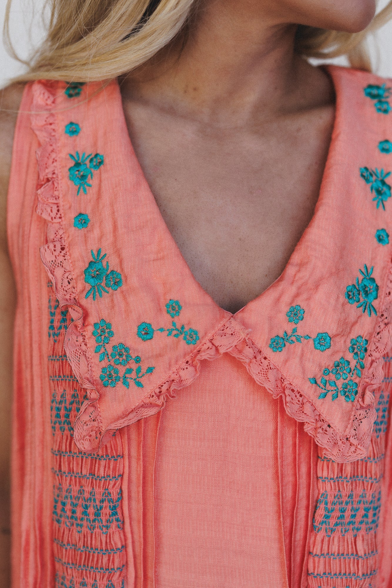 Lyona Embroidered Dress - Coral