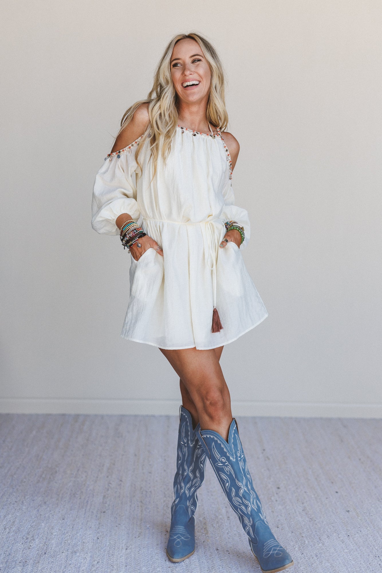 Elia Open Shoulder Dress - Cream