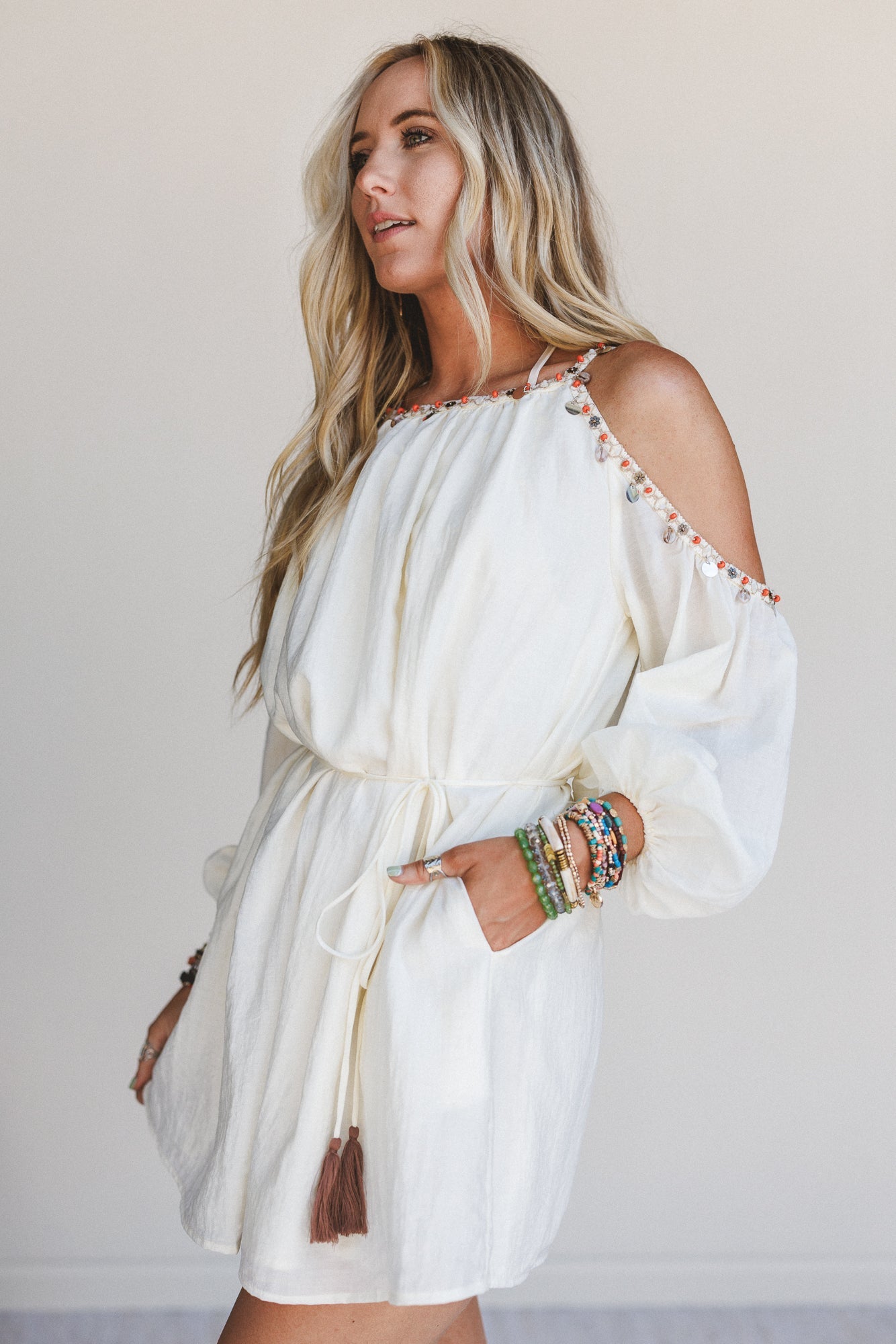 Elia Open Shoulder Dress - Cream