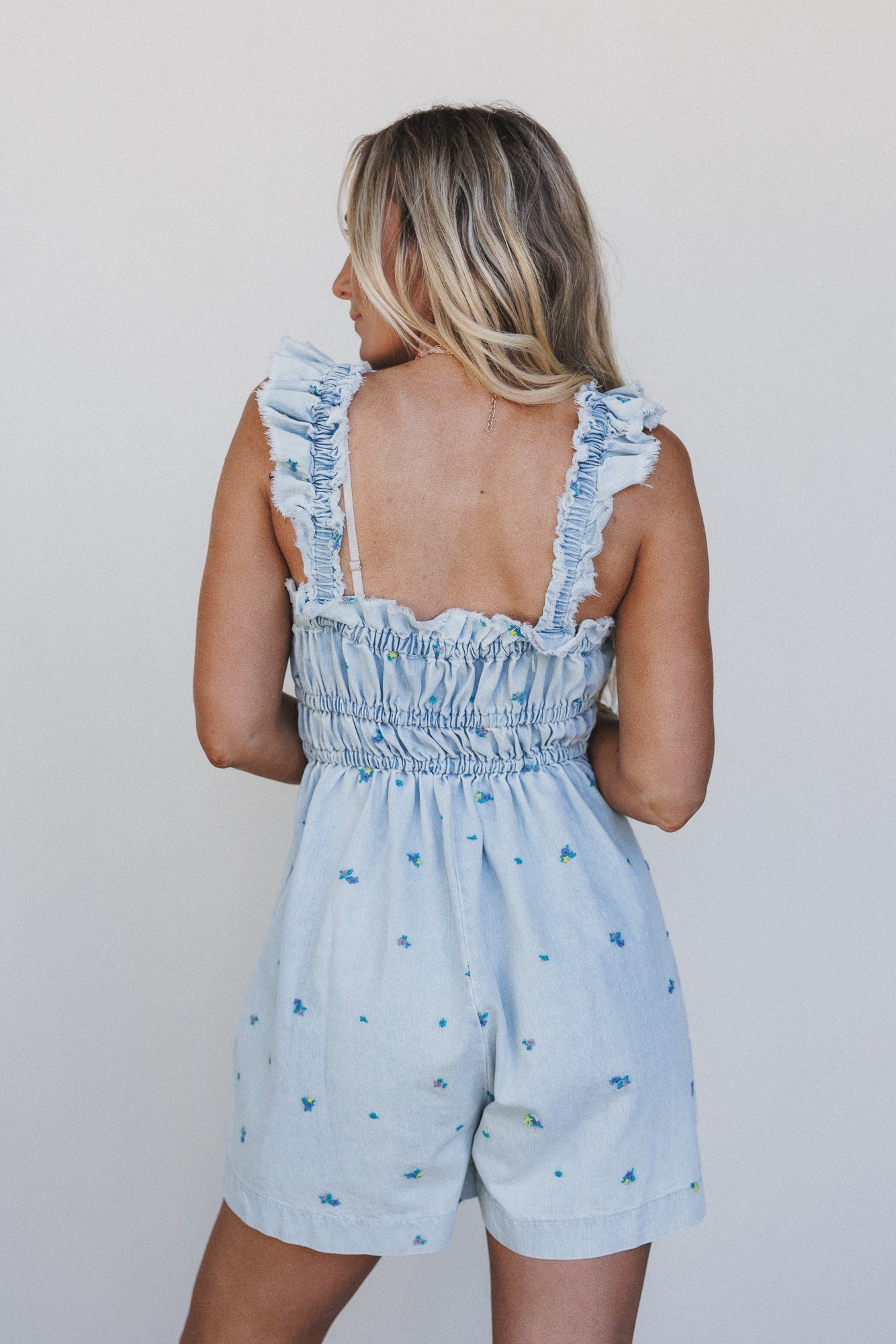 Selina Floral Denim Romper - Light Denim