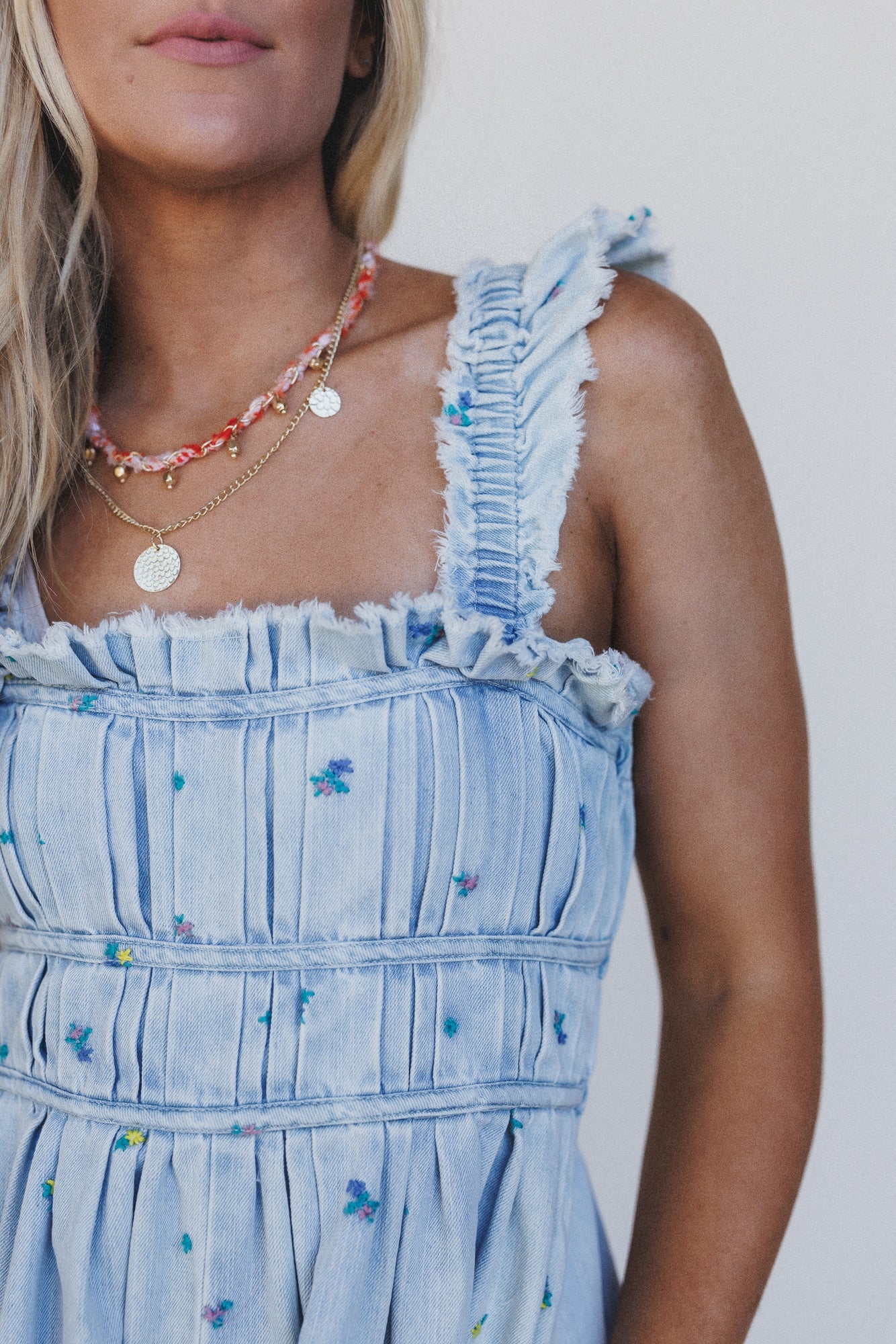 Selina Floral Denim Romper - Light Denim