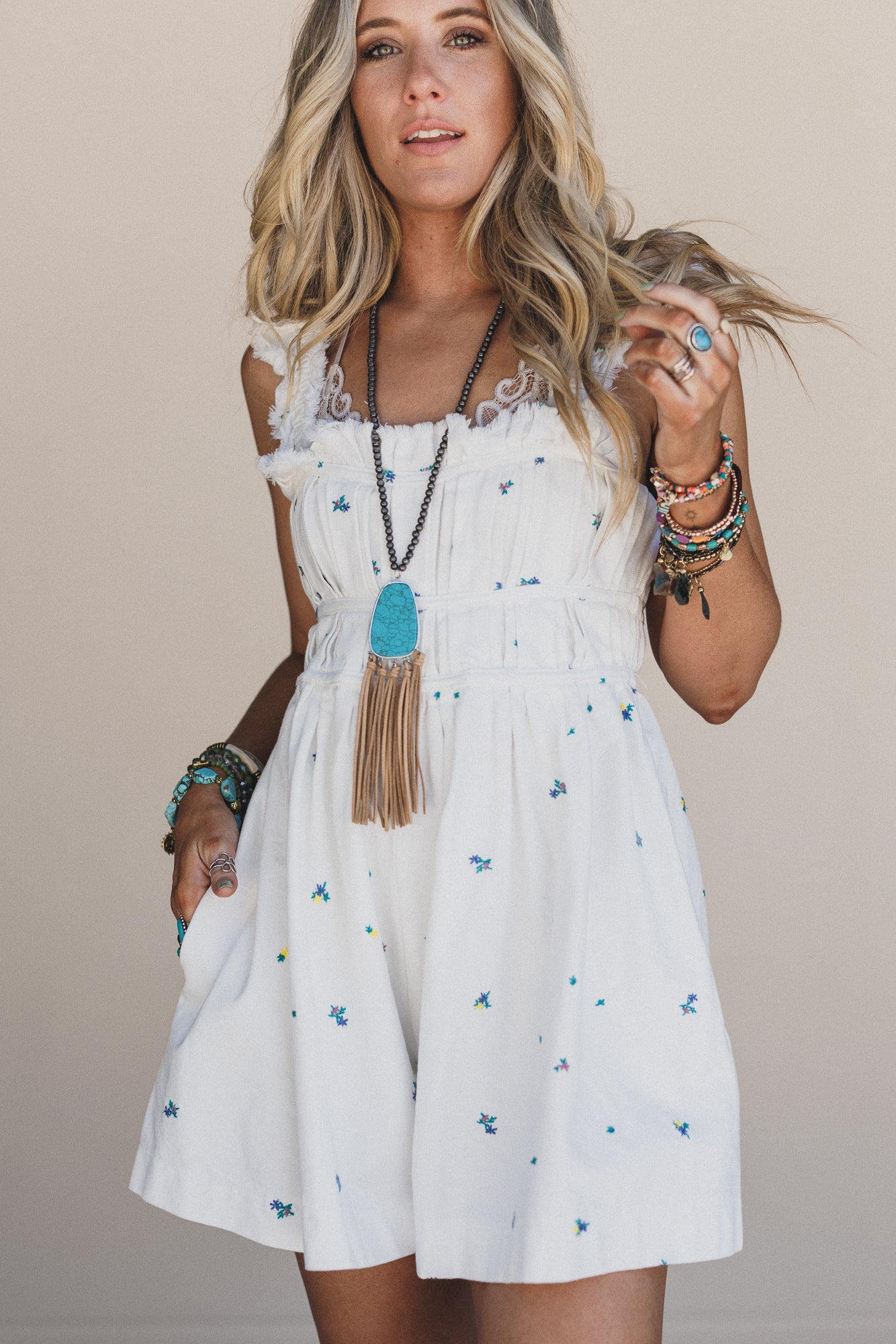 Selina Floral Denim Romper - Off White