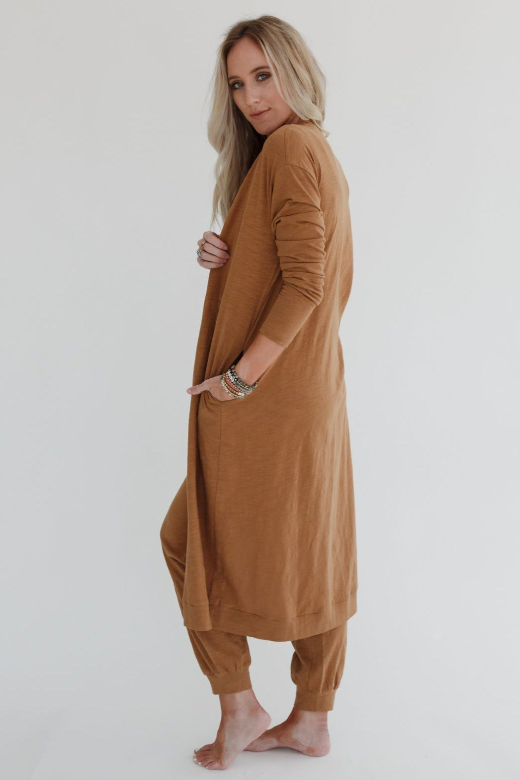 Set to Go Textured Jumpsuit And Cardigan Set - Camel