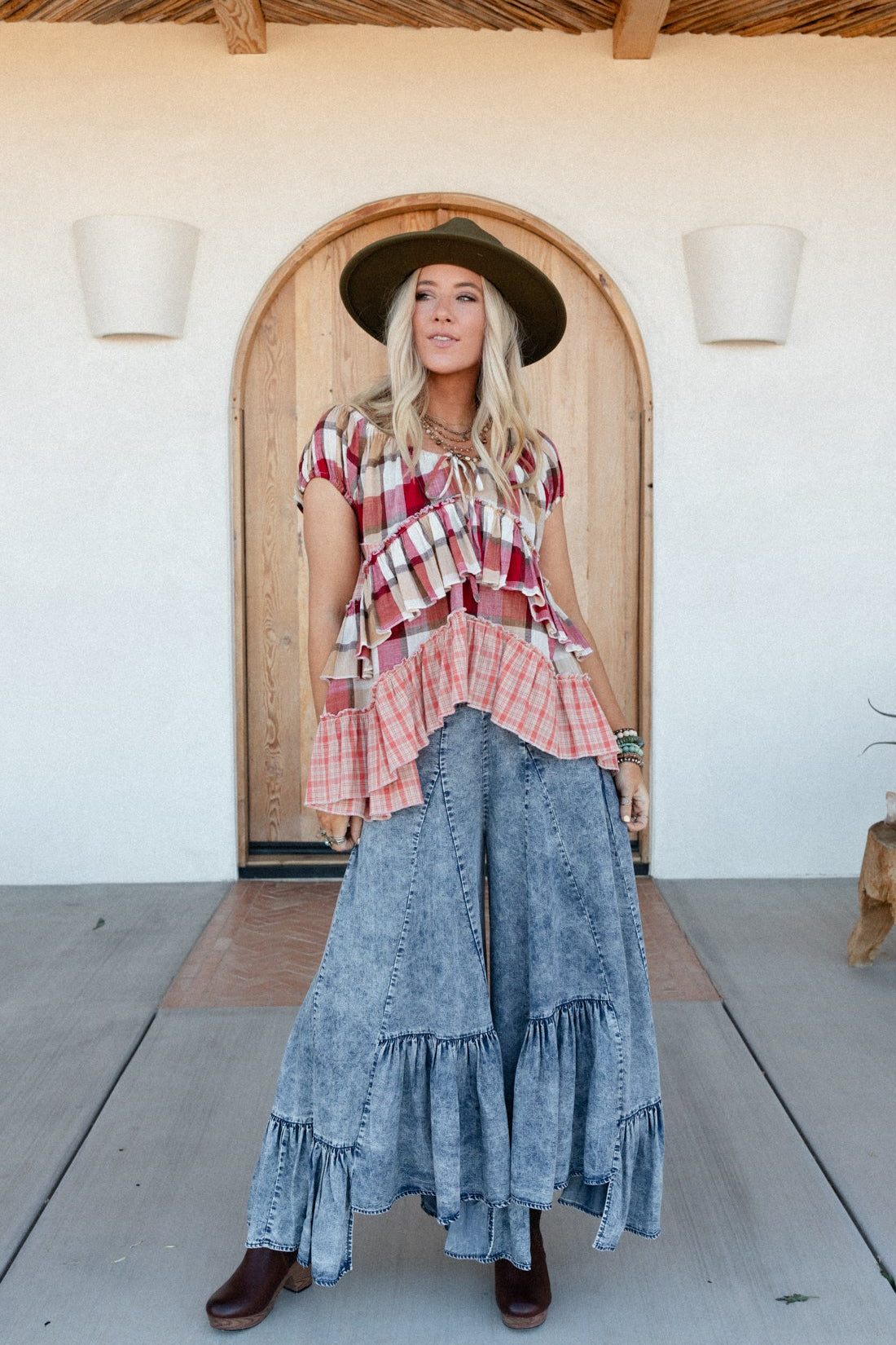 Clover Stitch Plaid Top - Pink