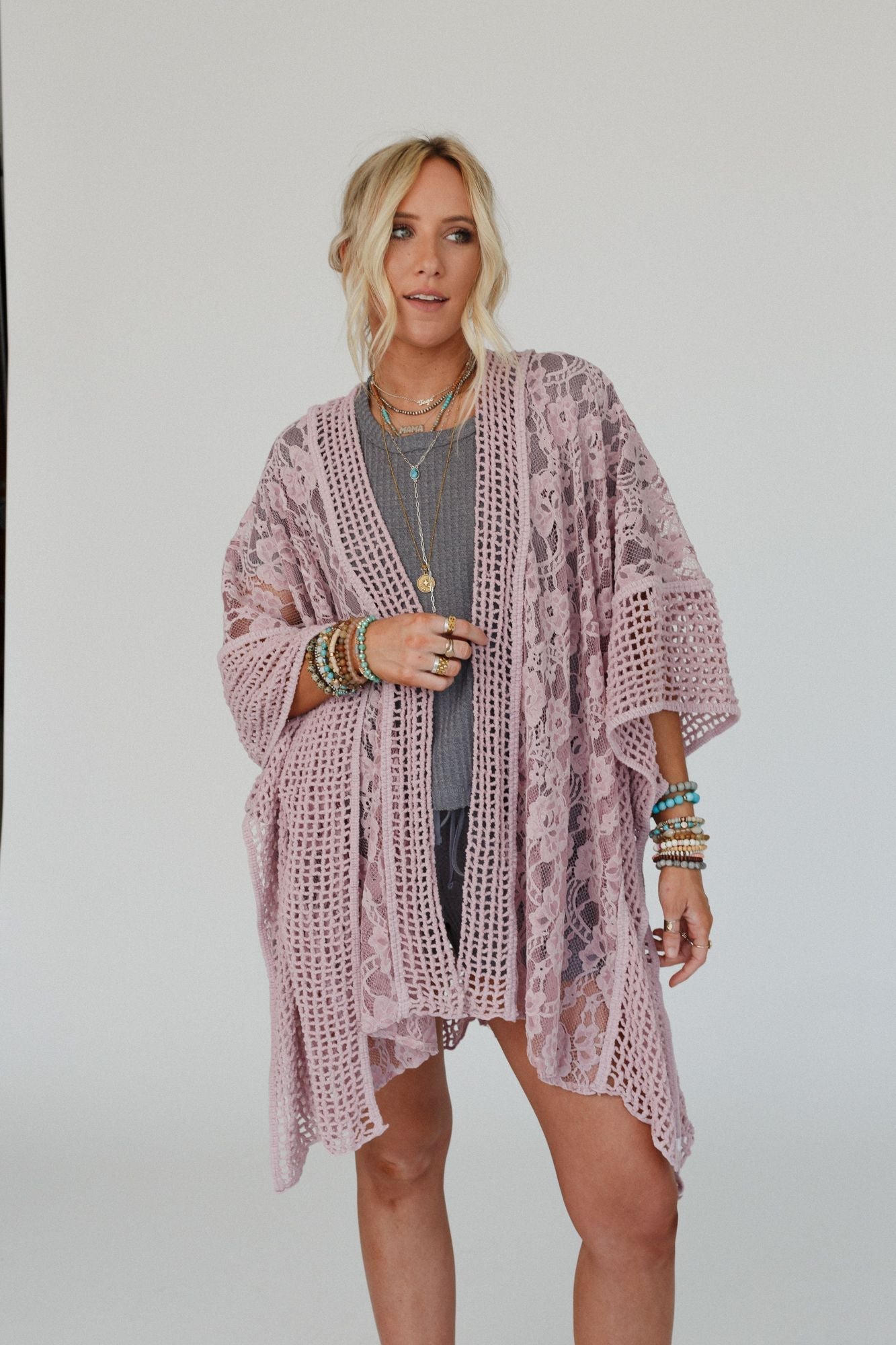 Breezy Floral Lace Kimono - Rose