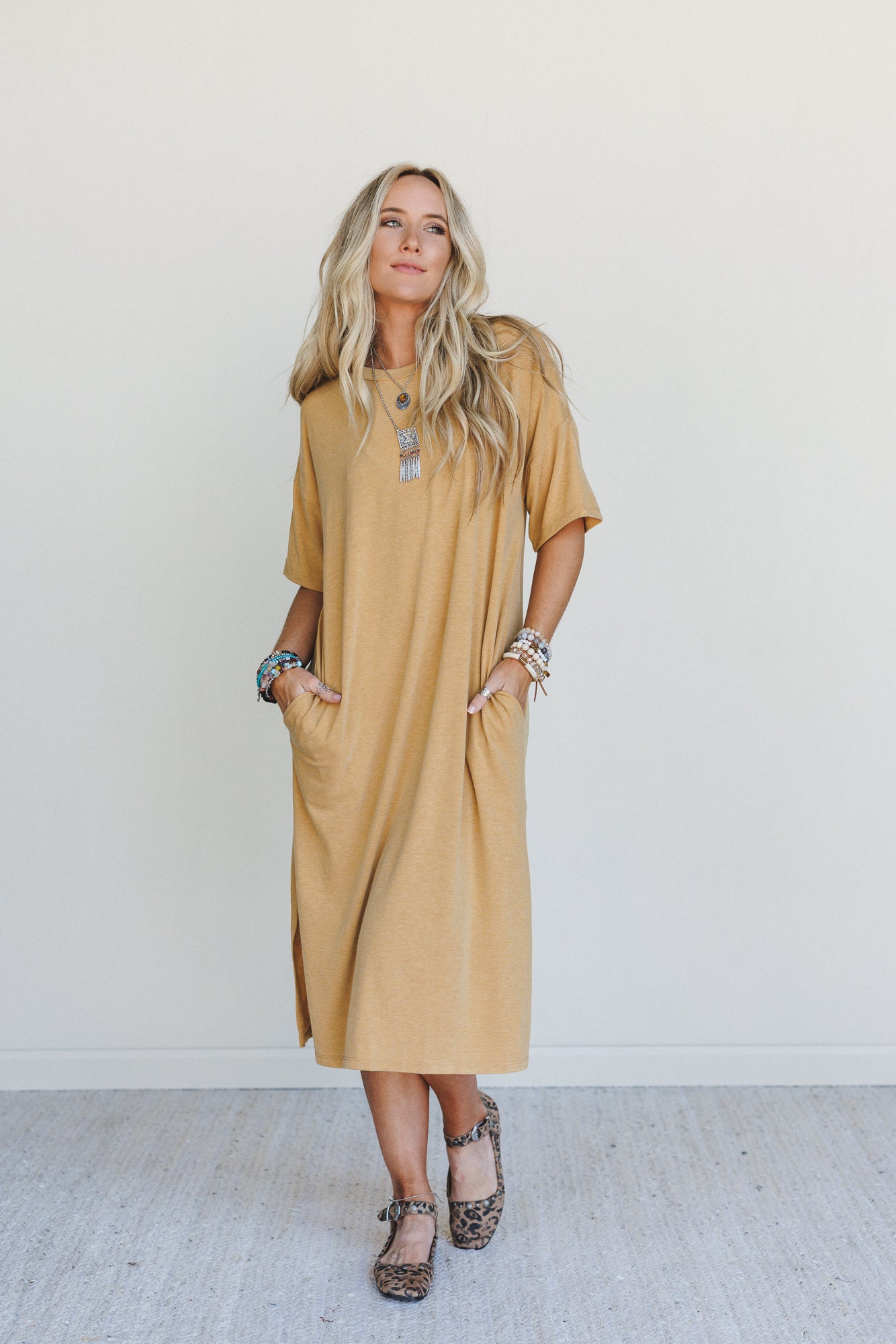 Hushed Glow Slit Midi Dress - Mustard