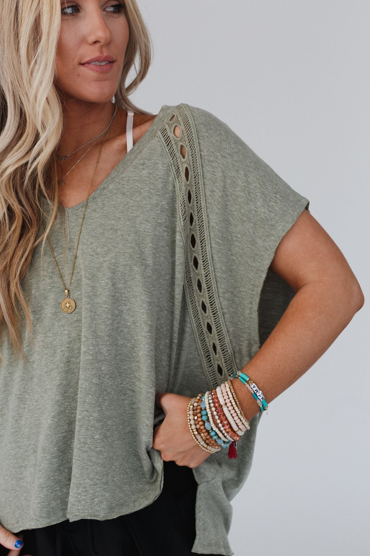 The Nest Camden Lace V Neck Top - Olive