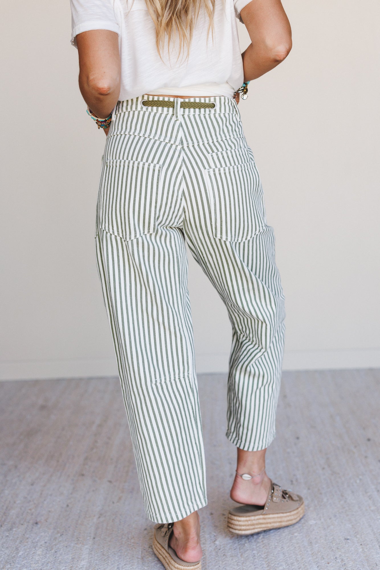 Elevated Eyelet Barrel Jeans - Olive Stripe