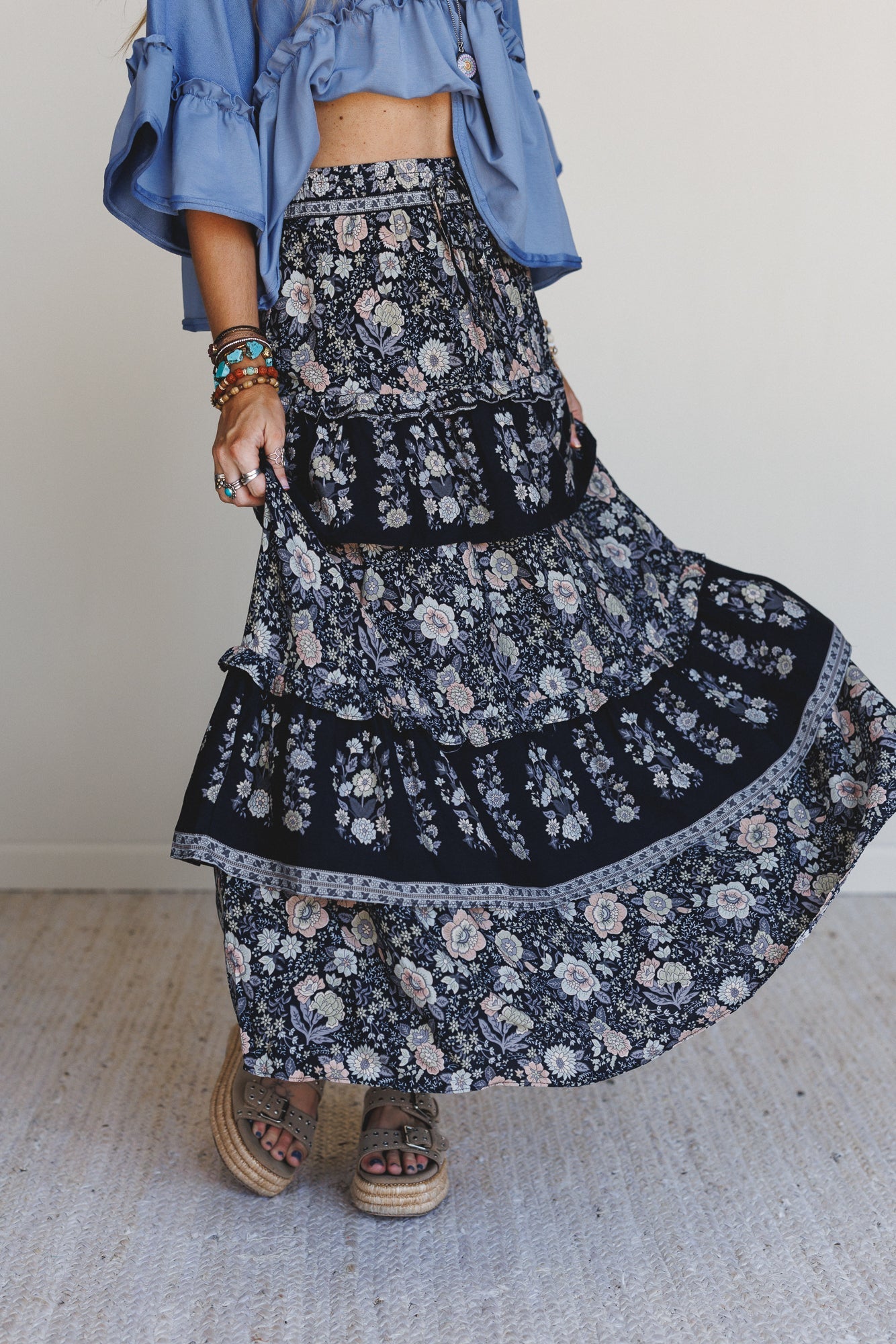 Prairie Dancer Floral Maxi Skirt - Black
