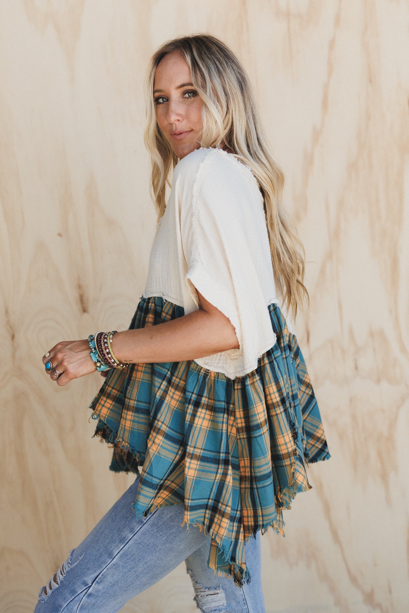 Revel Plaid V Neck Top - Multi