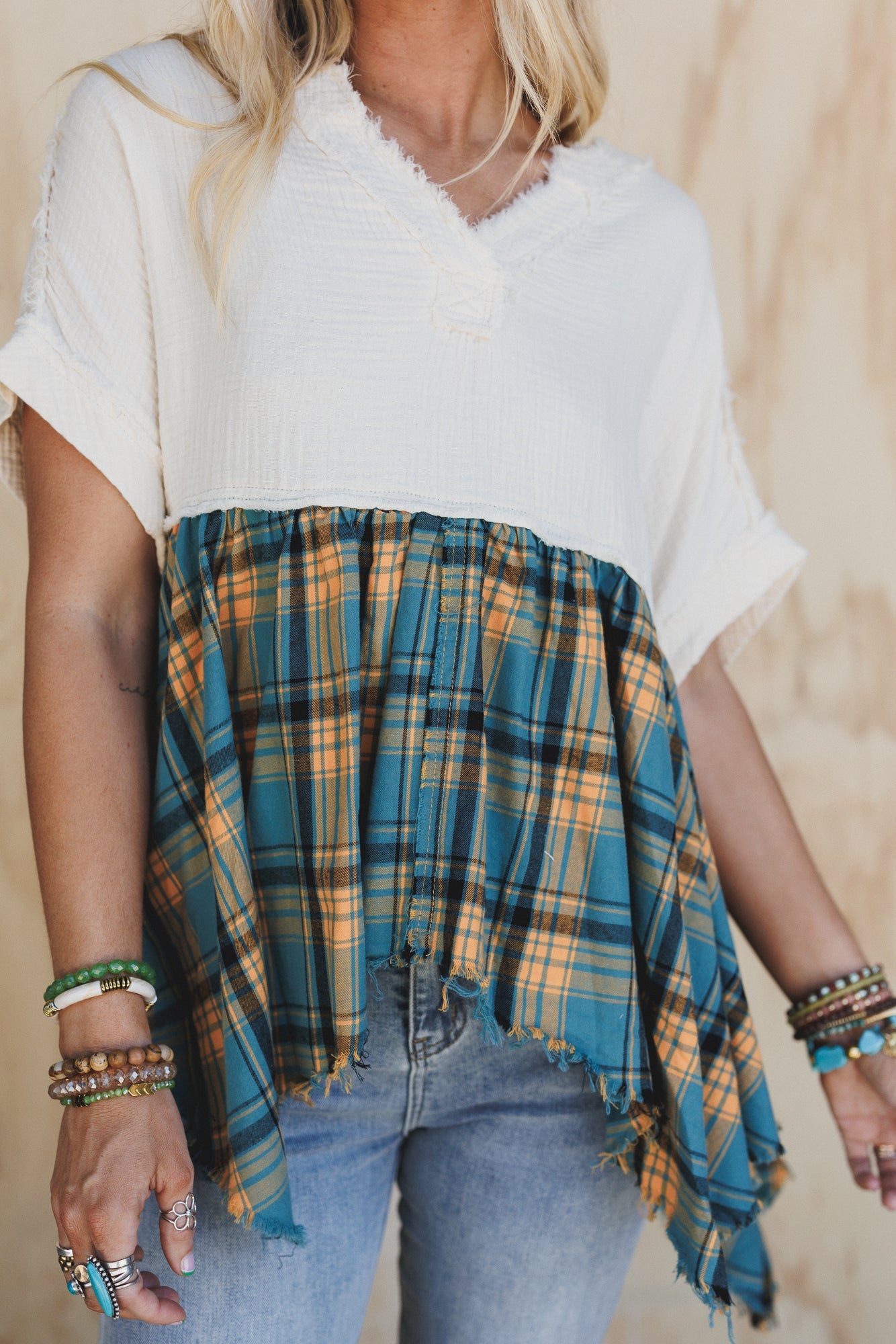 Revel Plaid V Neck Top - Multi