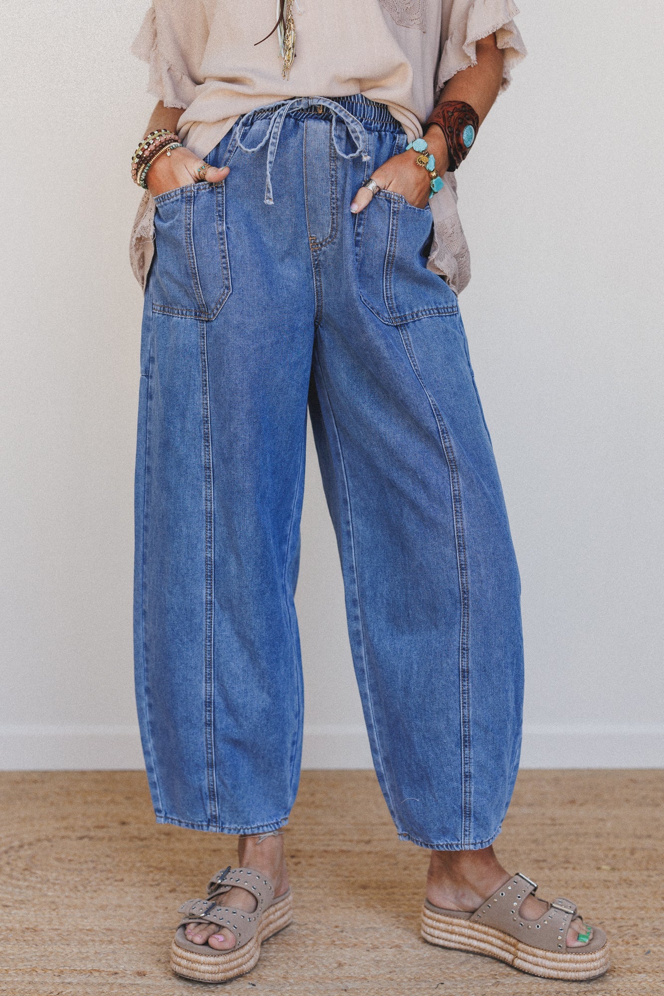 Sudden Spark Drawstring Barrel Jeans - Denim