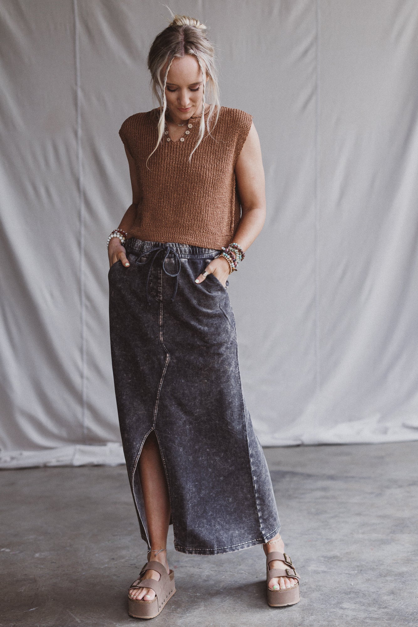 Sunfade Front Slit Maxi Skirt - Black
