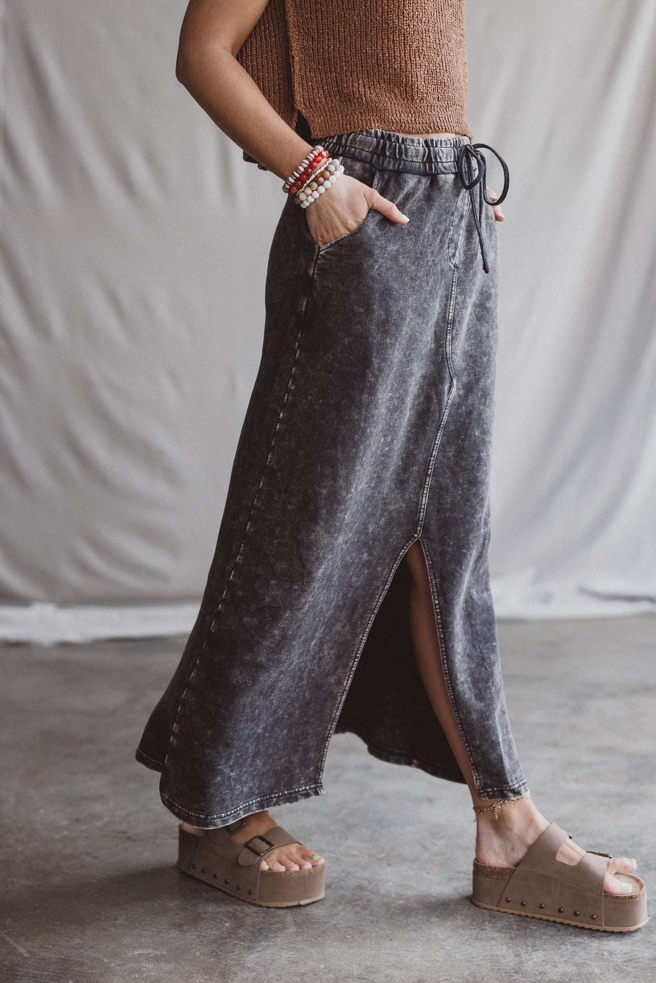 Sunfade Front Slit Maxi Skirt - Black