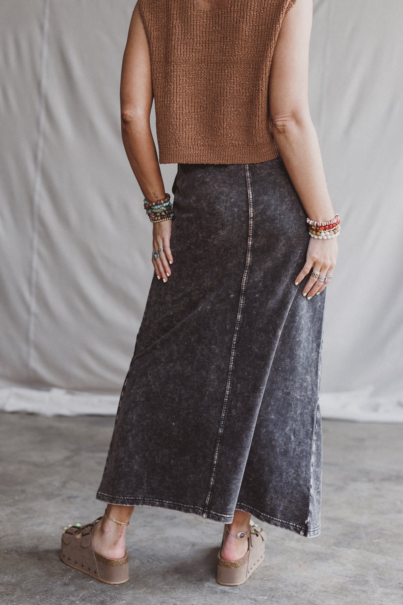 Sunfade Front Slit Maxi Skirt - Black