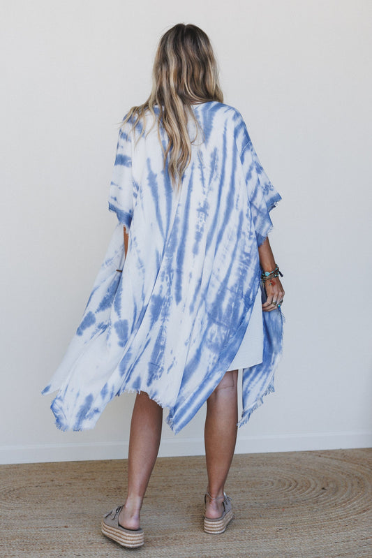 Demi Tie Dye Frayed Hem Kimono - Blue