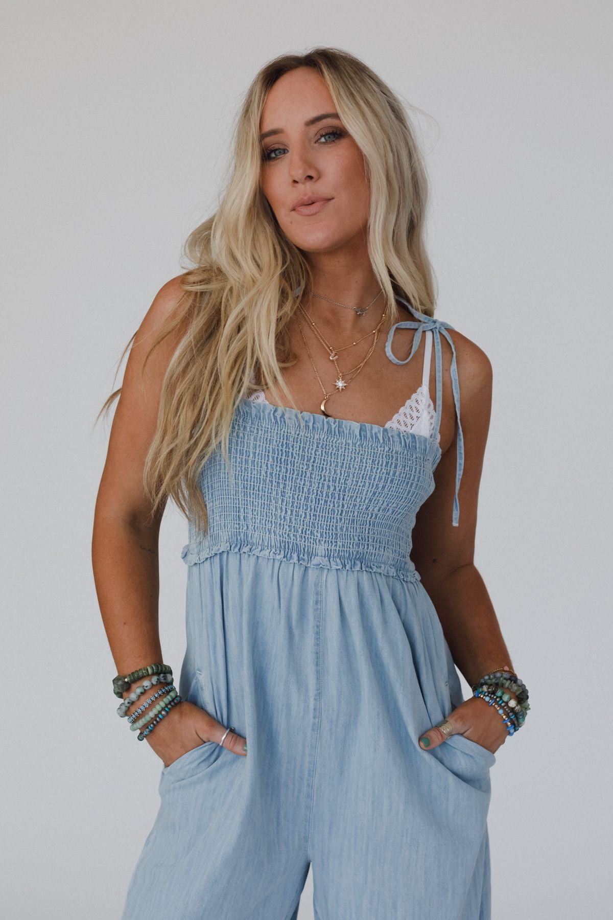 The Nest Last Call Smocked Jumpsuit - Light Wash