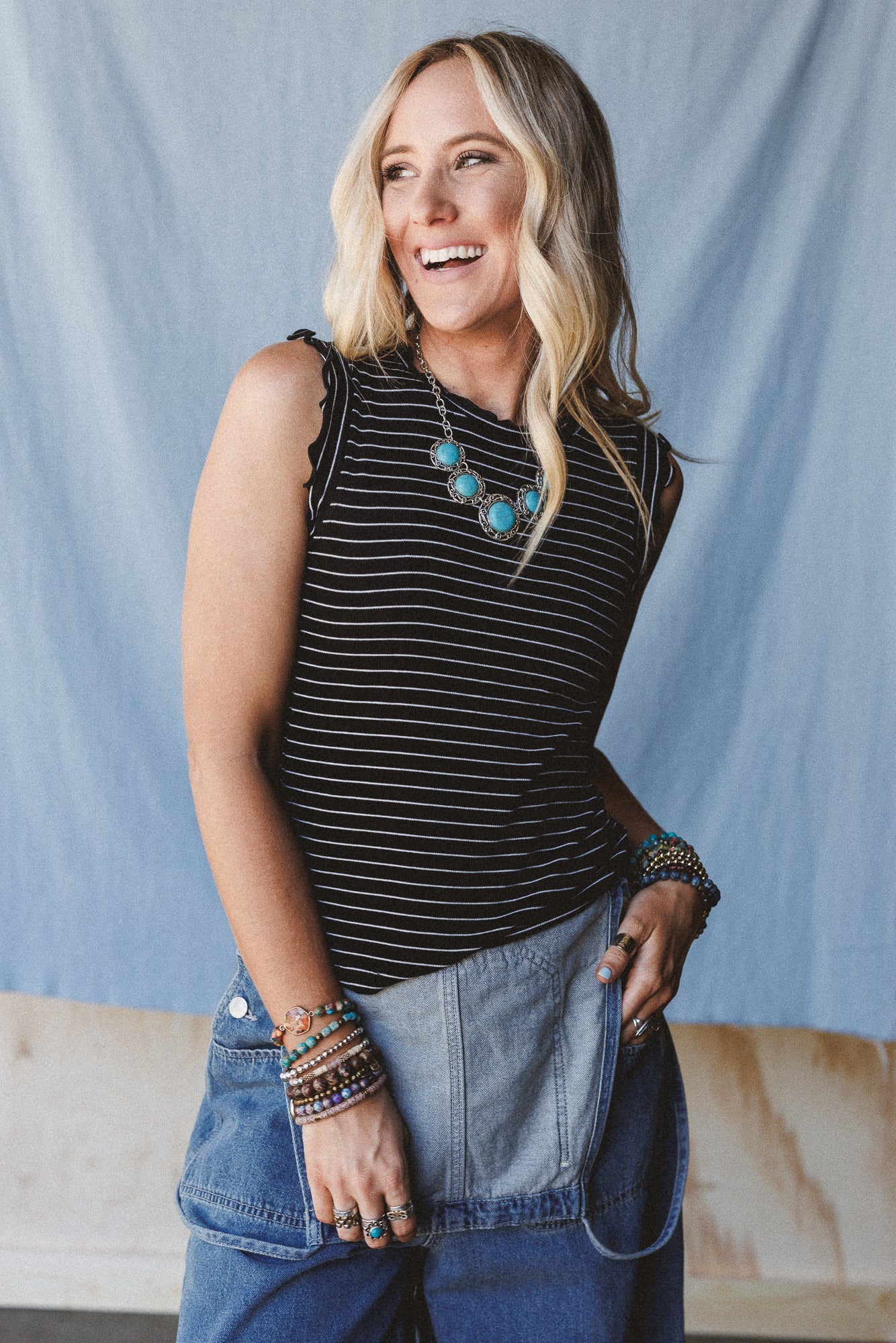 Abbie Striped Ruffle Top - Black